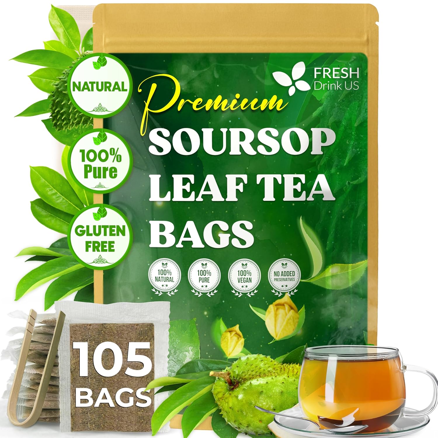 40 Premium Soursop Graviola Leaf Tea Bags, 100% Natural and Pure from Soursop Leaves, Handmade, Made With Natural Materials-Corn Fiber Tea Bag, Sugar/Caffeine/Gluten Free, Hoja Guanabana Tea