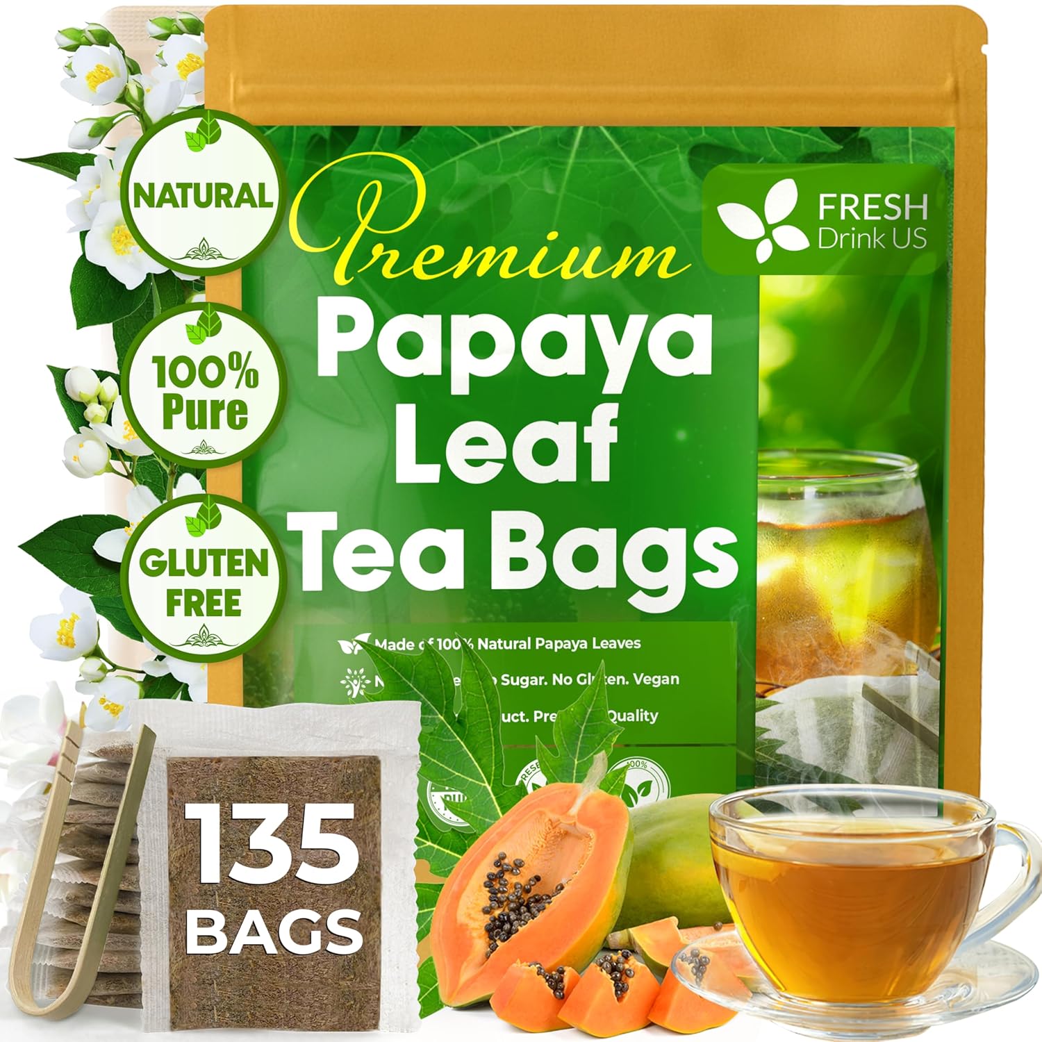 Premium Papaya Leaf Tea Bags, Made with Natural Material Tea Bags. No Sugar, No Caffeine, No Gluten, Vegan.