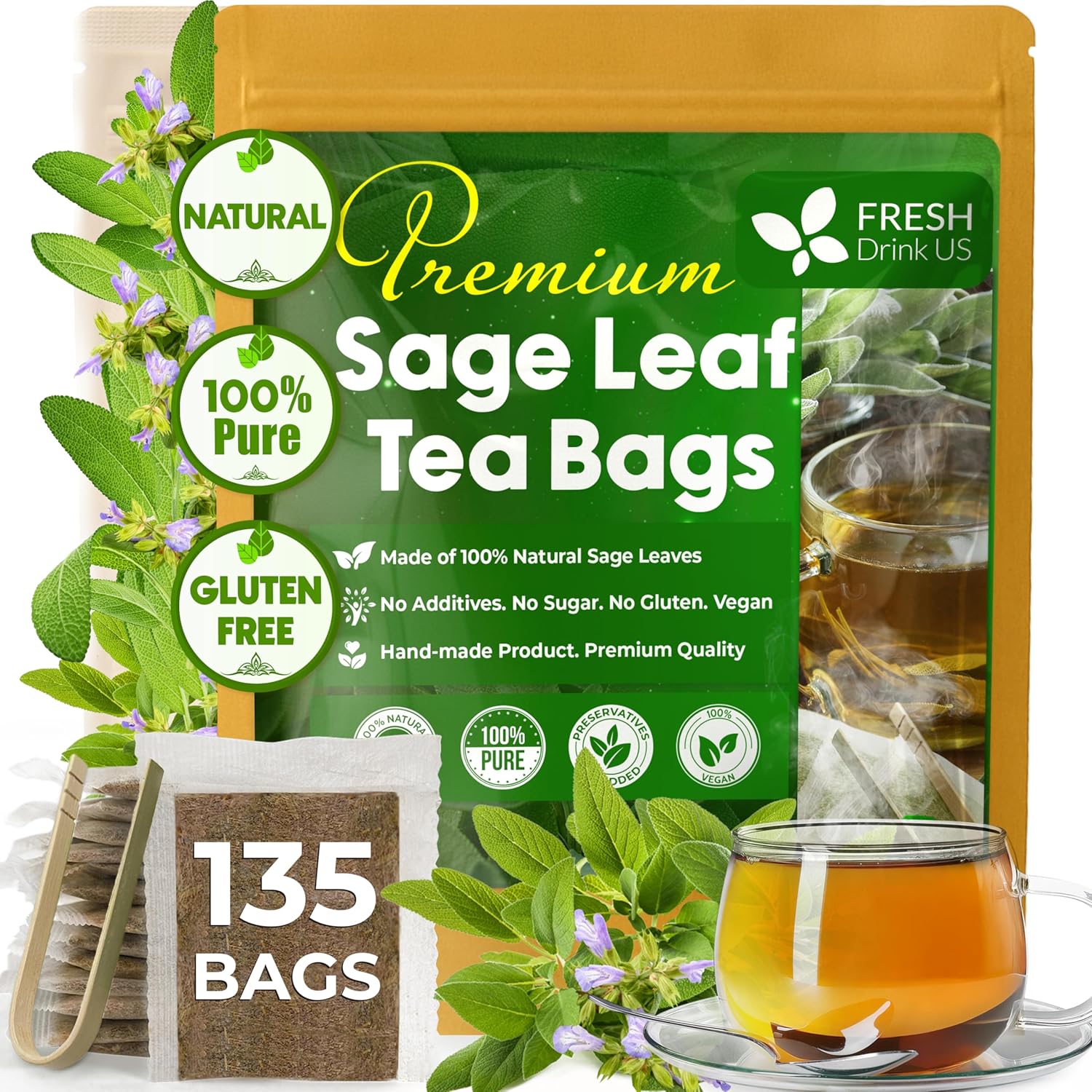 Sage Leaf Tea Bags, 100% Natural & Pure from Sage Leaves. Loose Leaf Sage Herbal Tea. Sage Leaf Tea. Made with Natural Material Tea Bags. No Sugar, No Caffeine, No Gluten, Vegan.