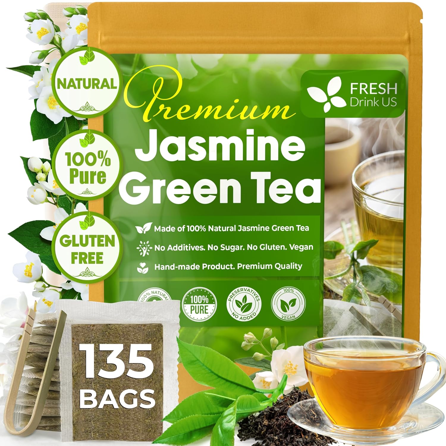 Premium Jasmine Green Tea Bags. Jasmine Green Herbal Tea. Made with Natural Material Tea Bags. No Sugar, No Gluten, Vegan.