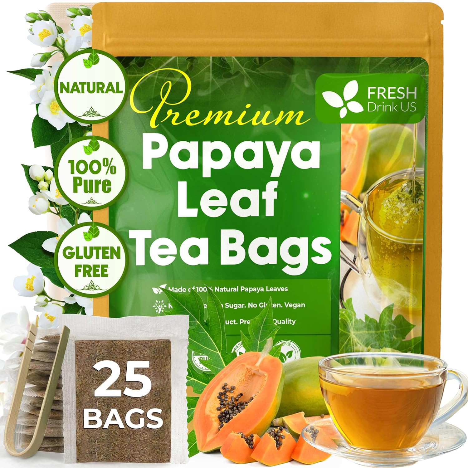 Premium Papaya Leaf Tea Bags, Made with Natural Material Tea Bags. No Sugar, No Caffeine, No Gluten, Vegan.
