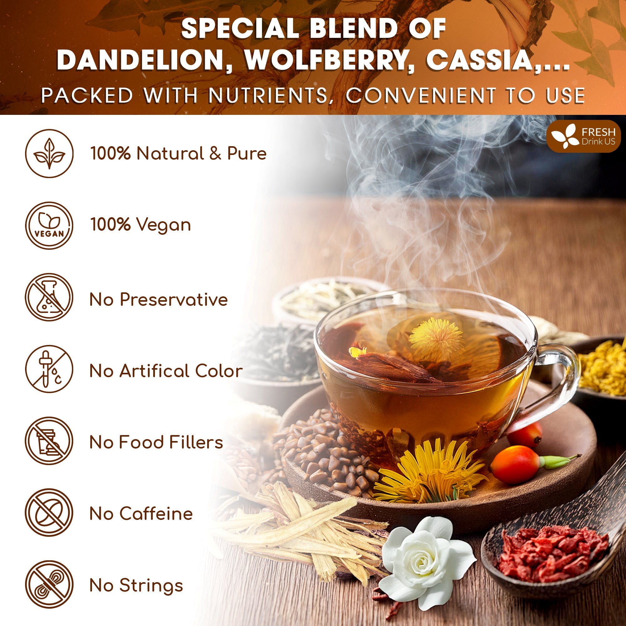 Dandelion Wolfberry Tea - a Natural Blend of Six Herbal Ingredients, Dandelion, Licorice, Cassia, Wolfberry Supports Kidneys & Liver Health (PCOS, Pregnancy, Fibroids, PMS, Menstrual Cycle, Mood), Hormone Balance Tea Beverage