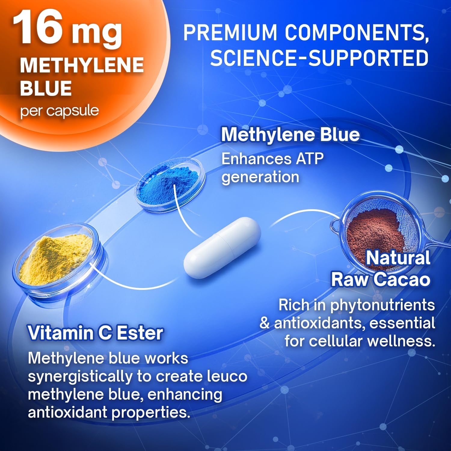 Methylene Blue Capsules - Natural Cacao and Vitamin C Ester for Added Support