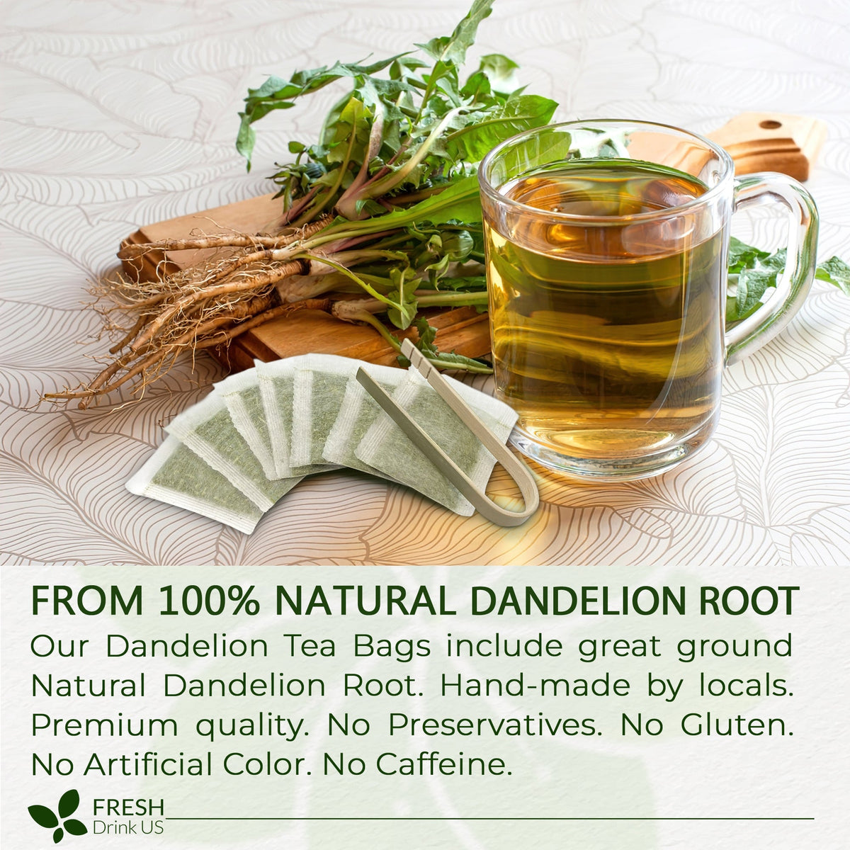 Dandelion Root Tea Bags, 100% Natural & Pure from Dandelion Root, Eco-Conscious Tea Bags, Dandelion Root Herbal Tea. Dandelion Root Tea. No Sugar, No Caffeine, No Gluten, Vegan.