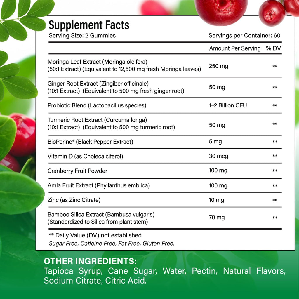 Moringa Gummies with Ginger, Turmeric & Probiotics | Vegan, Sugar-Free Chewables| Plant-Based Pectin Formula with Vitamin C