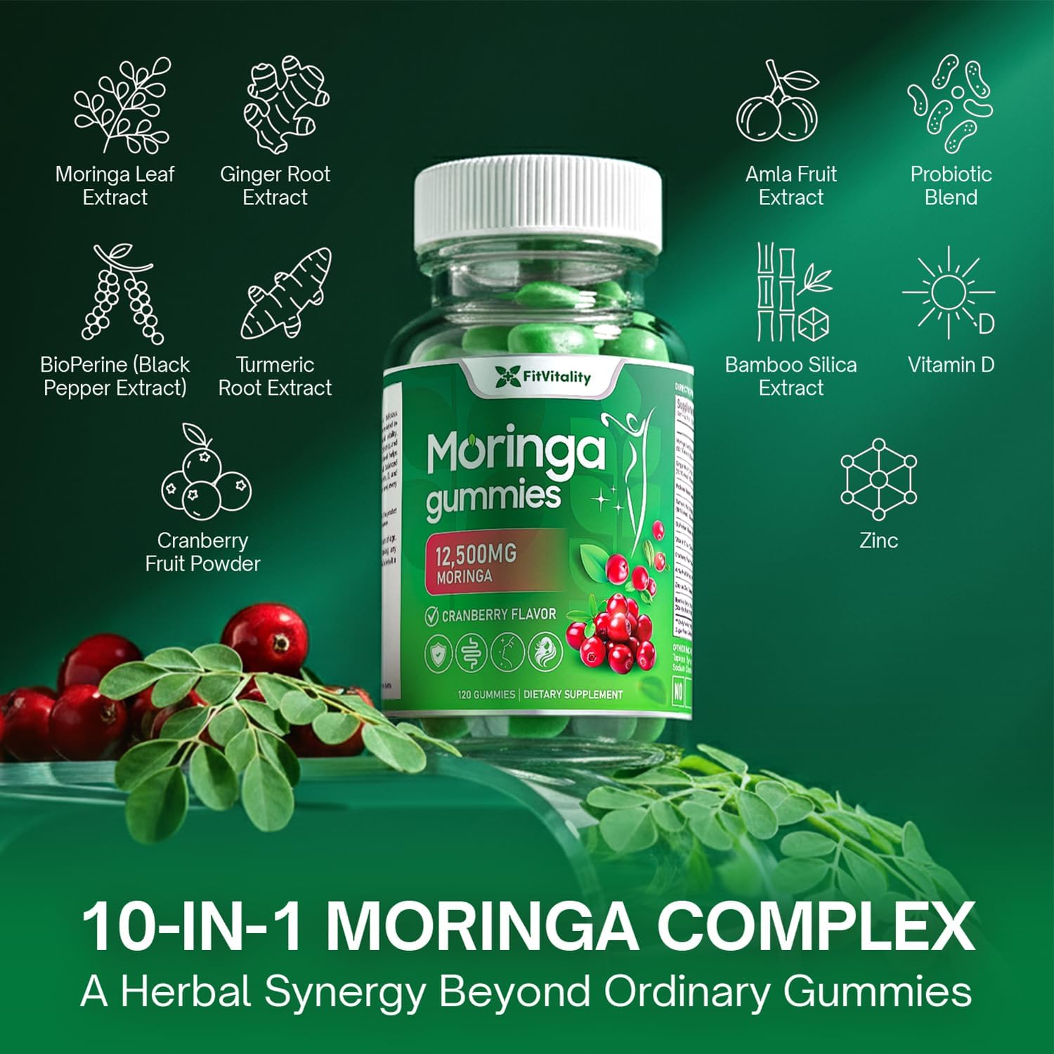 Moringa Gummies with Ginger, Turmeric & Probiotics | Vegan, Sugar-Free Chewables| Plant-Based Pectin Formula with Vitamin C