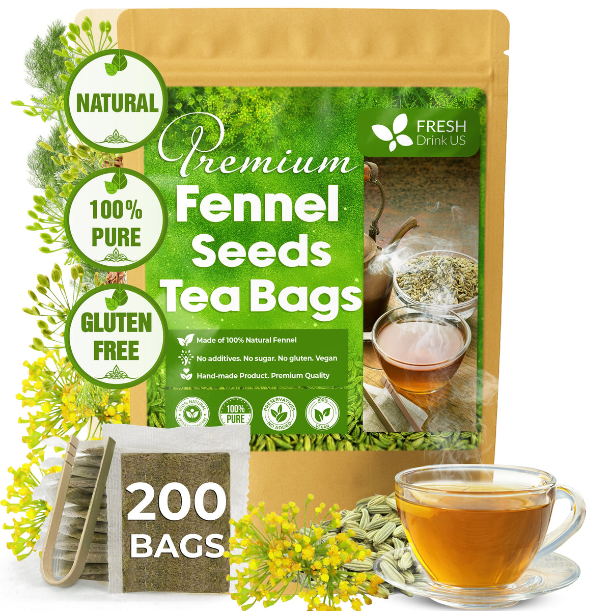 Premium Fennel Tea Bags, 100% Natural & Pure from Fennel Seeds. Fennel Seed Herbal Tea. Fennel Seed Tea. Made with Natural Material Tea Bags. No Sugar, No Caffeine, No Gluten, Vegan.
