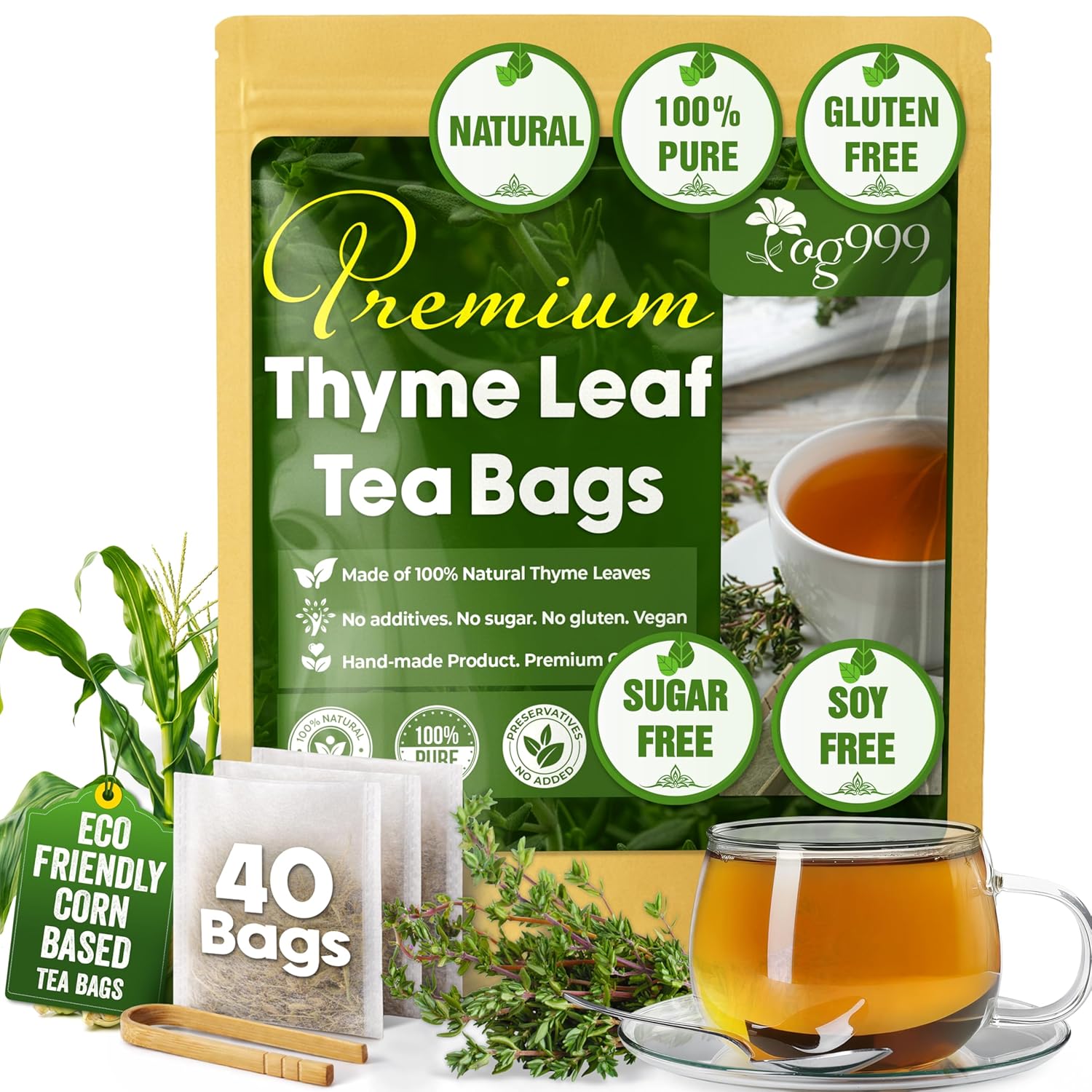 Premium 40 Thyme Leaf Tea Bags, 100% Natural & Pure, Loose Leaf Herbal Tea.