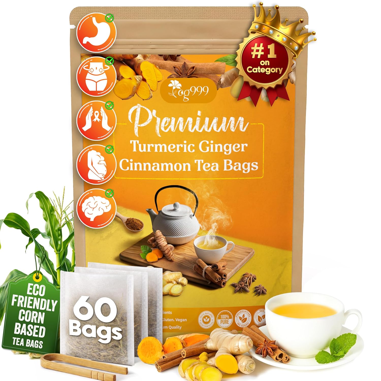 Turmeric, Ginger, Cinnamon Tea, Tea Bags, 100% Natural, Hand-made Blend of Turmeric, Ginger, and Cinnamon. Eco-conscious Tea Bags. Turmeric Ginger Herbal Tea. No Sugar, No Caffeine, No Gluten, Vegan.