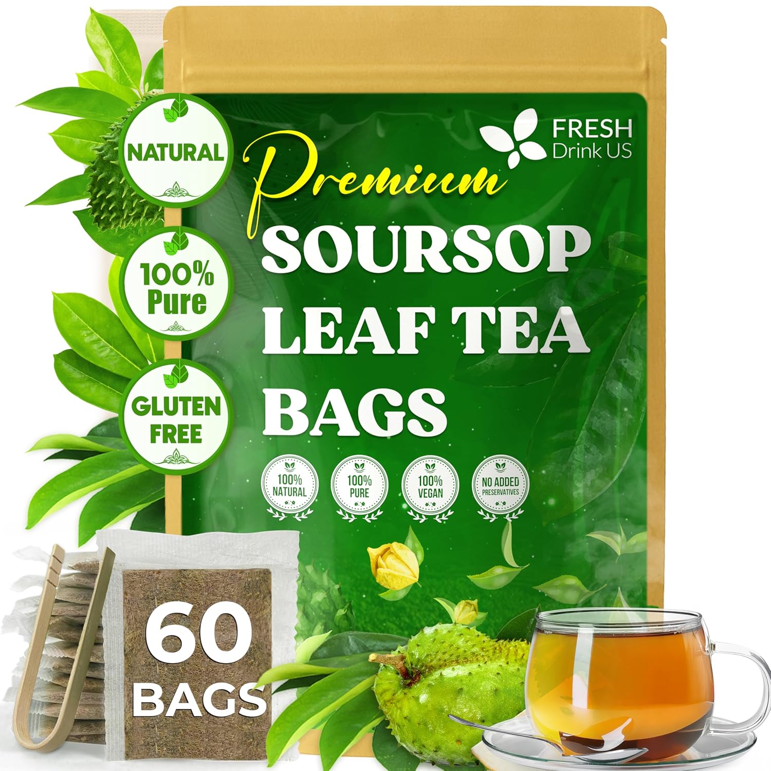 40 Premium Soursop Graviola Leaf Tea Bags, 100% Natural and Pure from Soursop Leaves, Handmade, Made With Natural Materials-Corn Fiber Tea Bag, Sugar/Caffeine/Gluten Free, Hoja Guanabana Tea