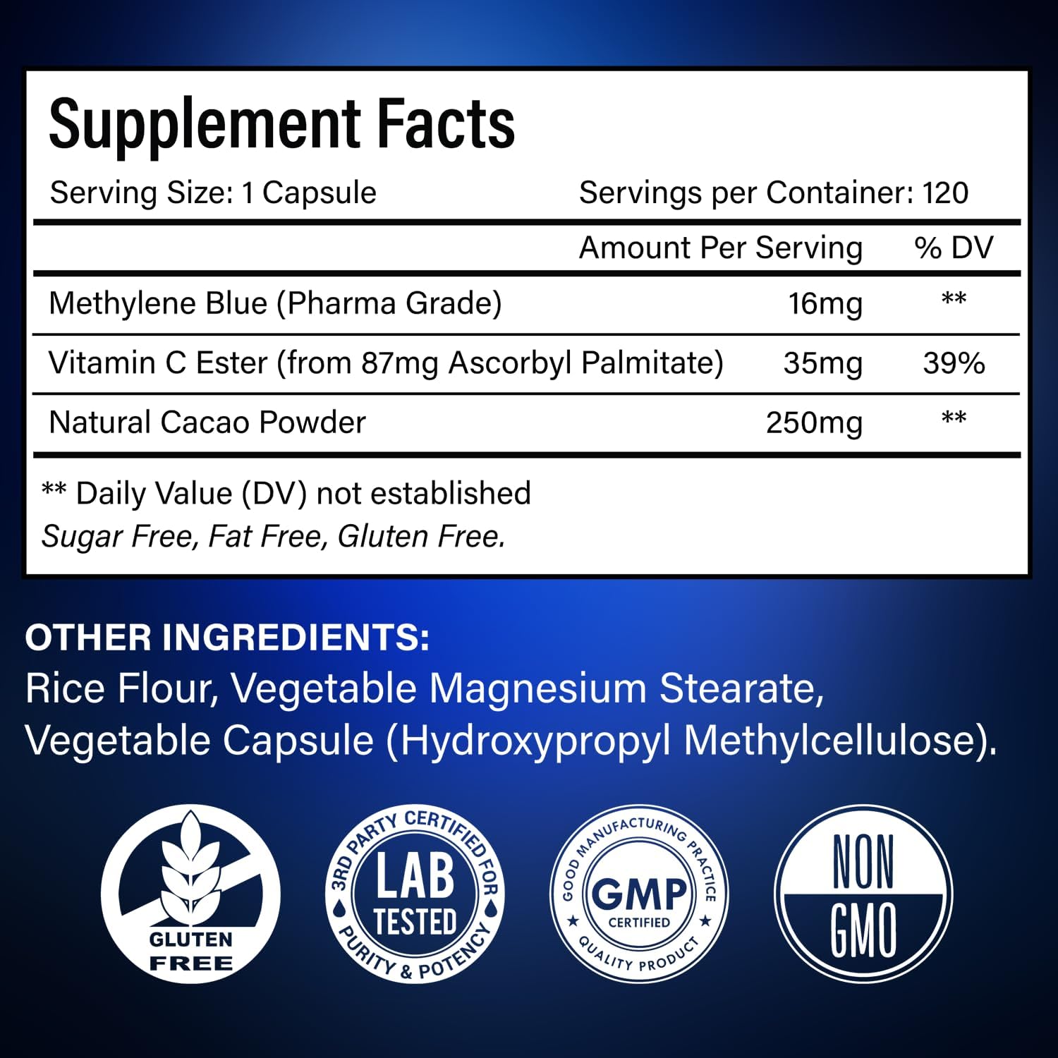 Methylene Blue Capsules - Natural Cacao and Vitamin C Ester for Added Support