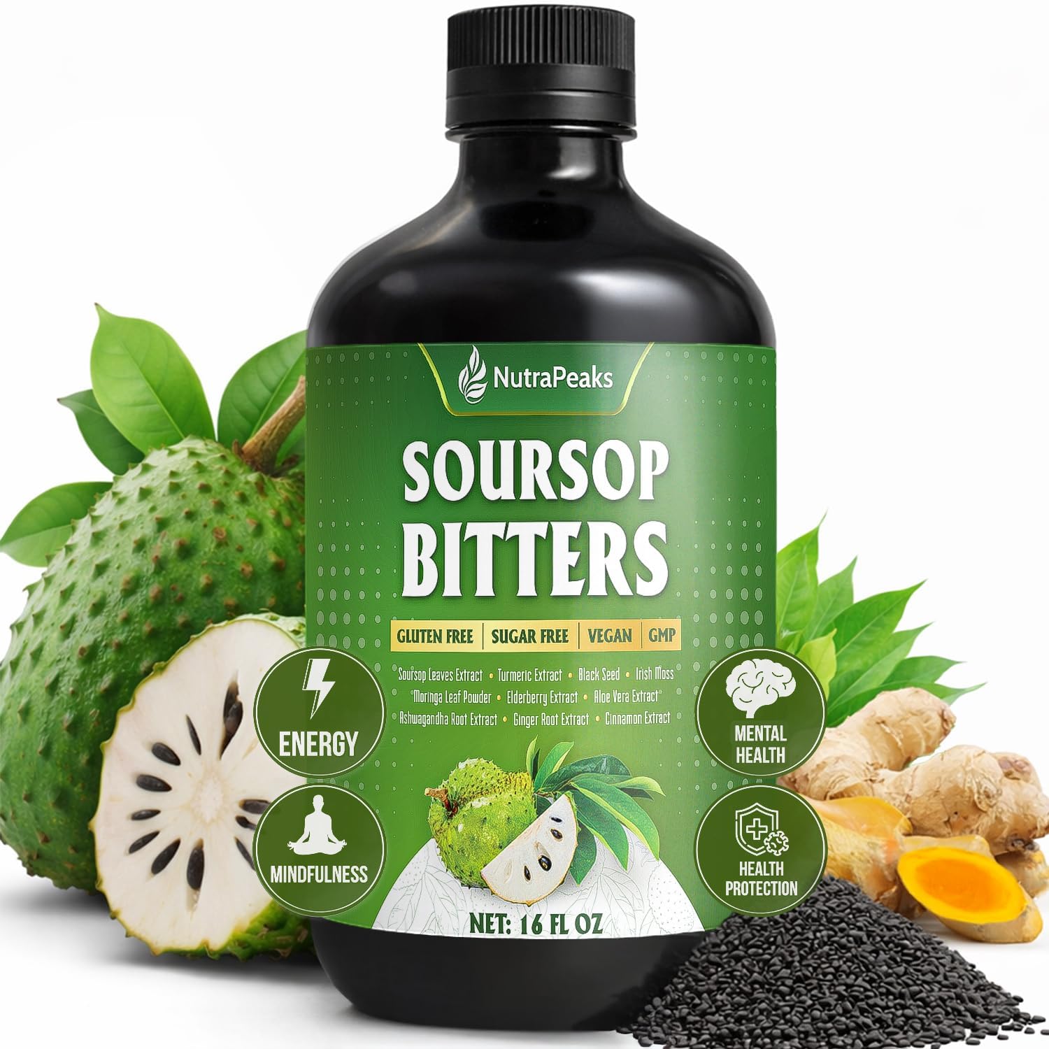 Soursop Bitters Liquid – Herbal Daily Wellness Formula with Soursop, Ginger, Turmeric & Black Seed Mixed Berry Flavor