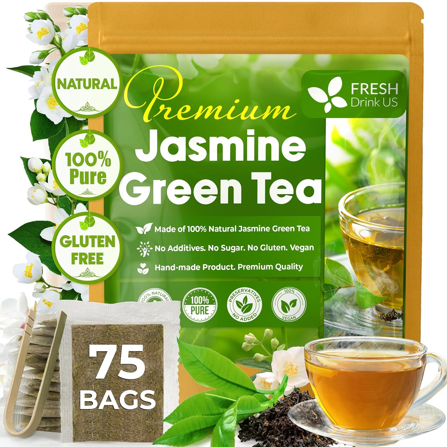 Premium Jasmine Green Tea Bags. Jasmine Green Herbal Tea. Made with Natural Material Tea Bags. No Sugar, No Gluten, Vegan.