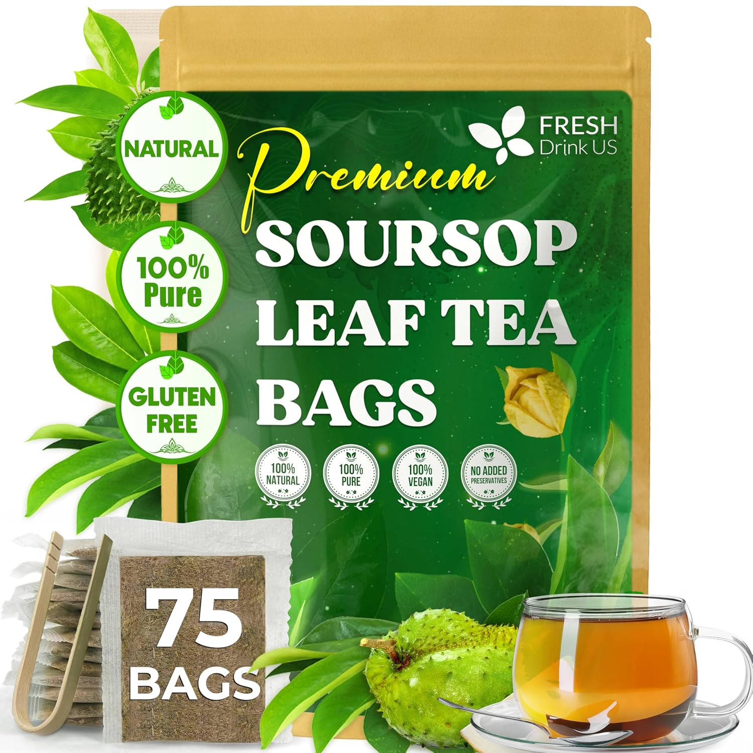 40 Premium Soursop Graviola Leaf Tea Bags, 100% Natural and Pure from Soursop Leaves, Handmade, Made With Natural Materials-Corn Fiber Tea Bag, Sugar/Caffeine/Gluten Free, Hoja Guanabana Tea