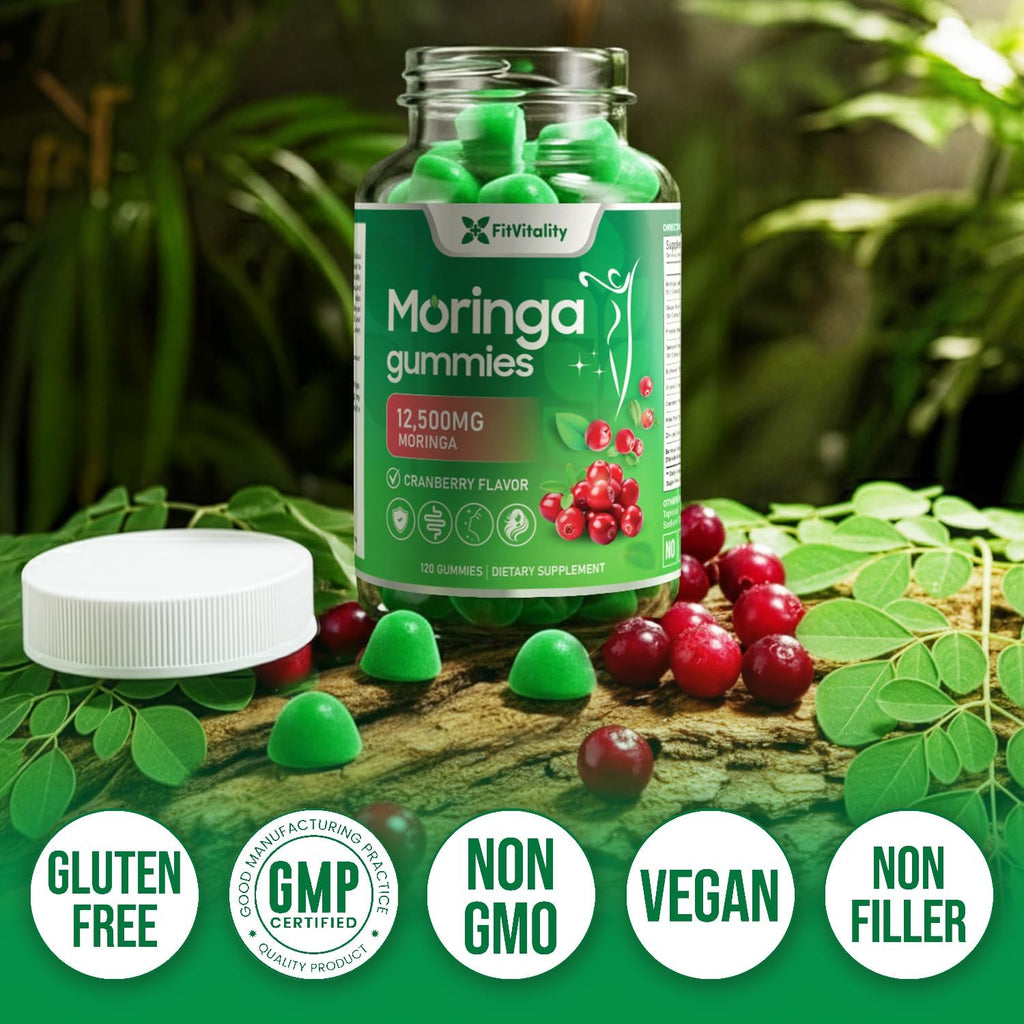 Moringa Gummies with Ginger, Turmeric & Probiotics | Vegan, Sugar-Free Chewables| Plant-Based Pectin Formula with Vitamin C