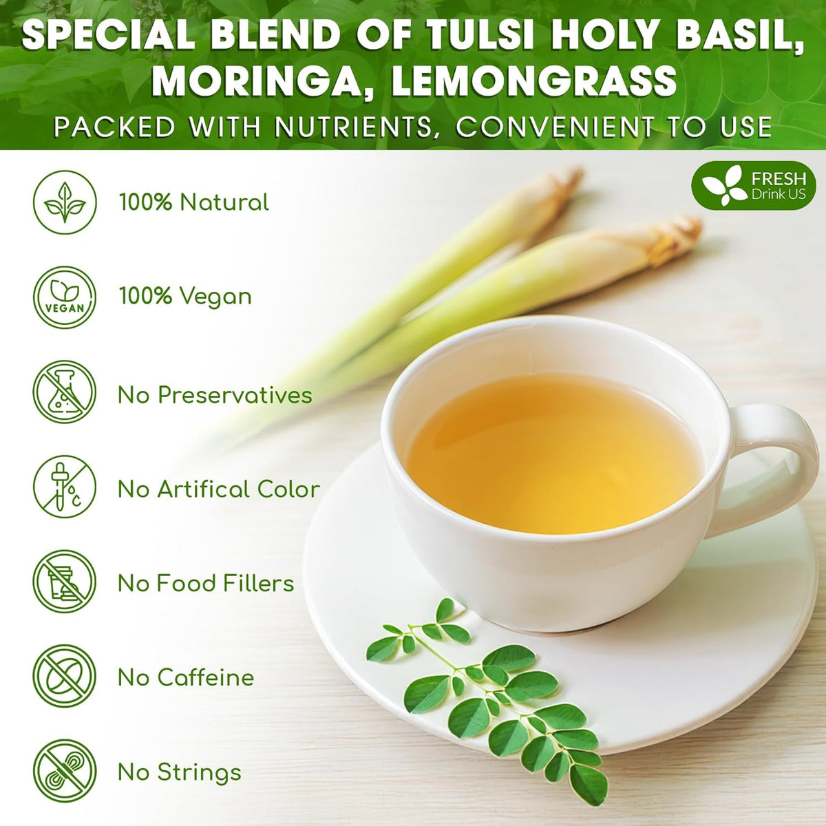 Premium Tulsi Moringa Lemongrass  Tea Bags, 100% Natural & Pure from Tulsi Holy Basil Leaves, Moringa & Lemongrass.