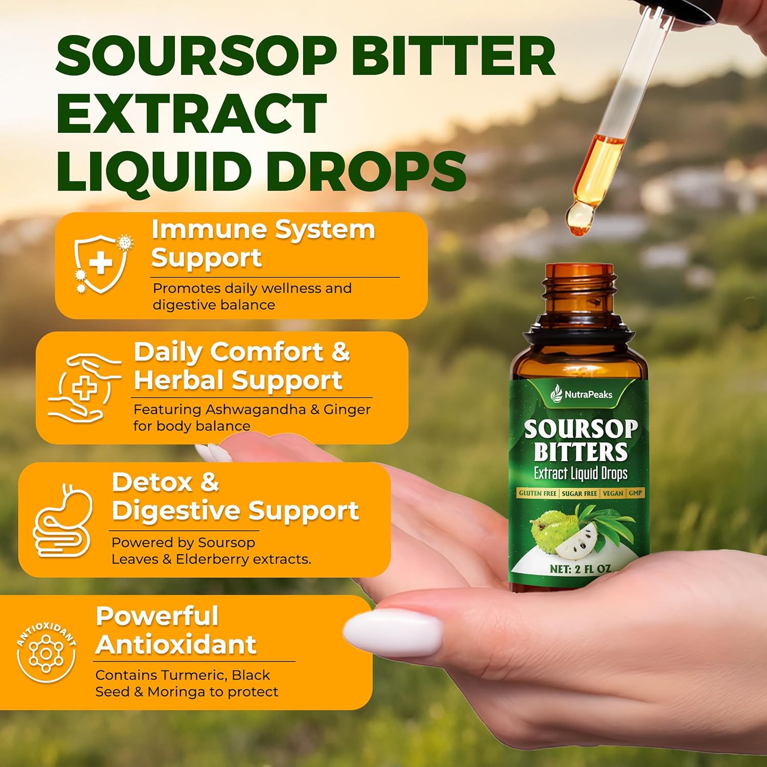 Soursop Bitters Liquid Drops – Premium Herbal Blend with Soursop Leaves, Black Seed, Moringa, Ashwagandha, Senna, Goat Weed & Ginger, 2 fl oz