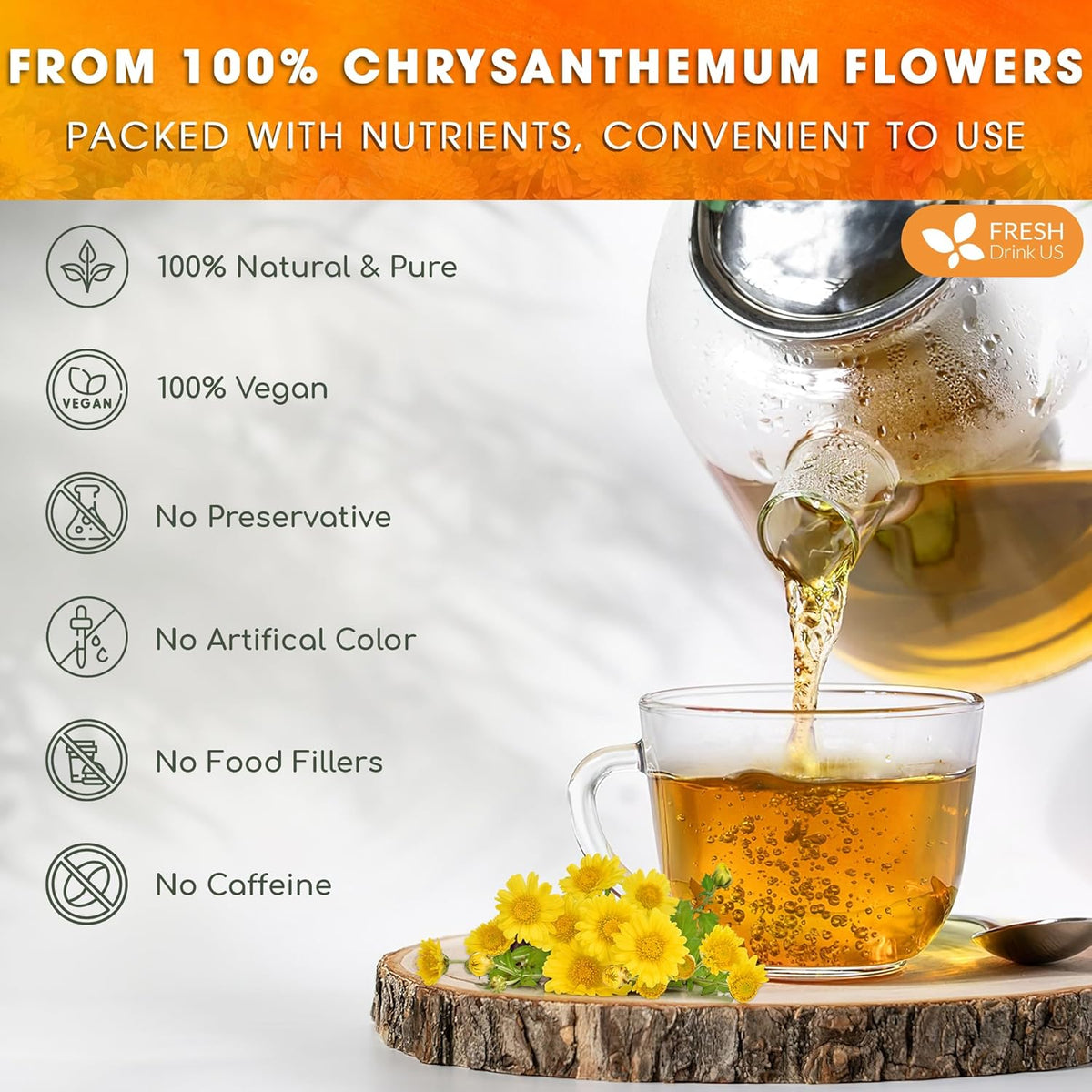 Premium Chrysanthemum Flowers, Chrysanthemum Herbal Tea, No Additives, No Caffeine, Vegan