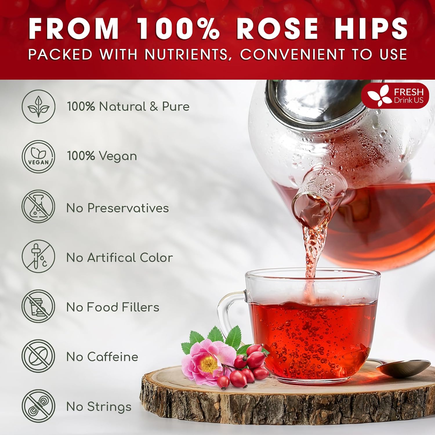 Premium Rosehip Tea Bags, 100% Natural & Pure from Rose Hip Fruits.