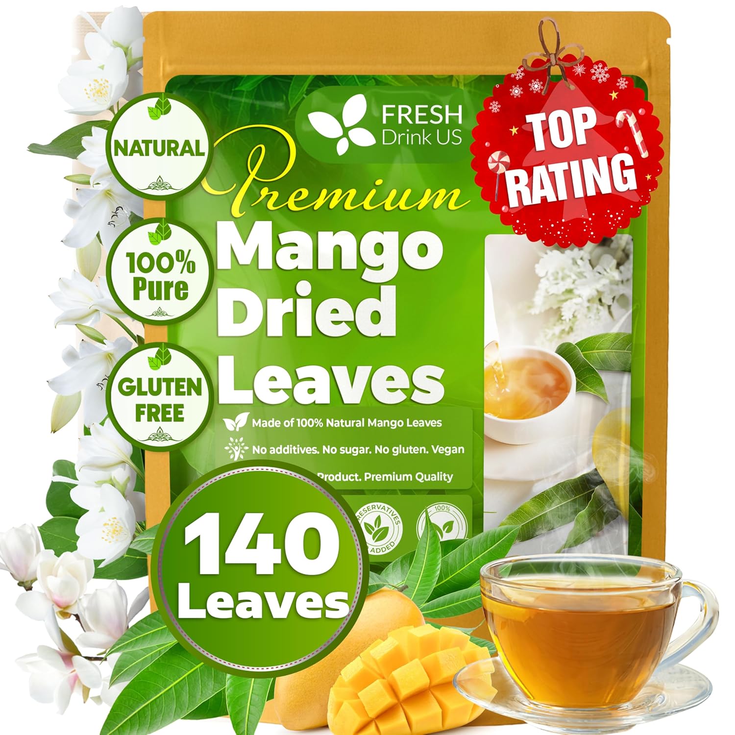 Mango Leaf, Whole Dried Leaves, Tea Bags, Powder, 100% Natural & Pure from Mango Leaves. Mango Dried Leaves. Loose Leaf Mango Herbal Tea. Mango Leaf Tea. No Sugar, No Caffeine, No Gluten, Vegan.