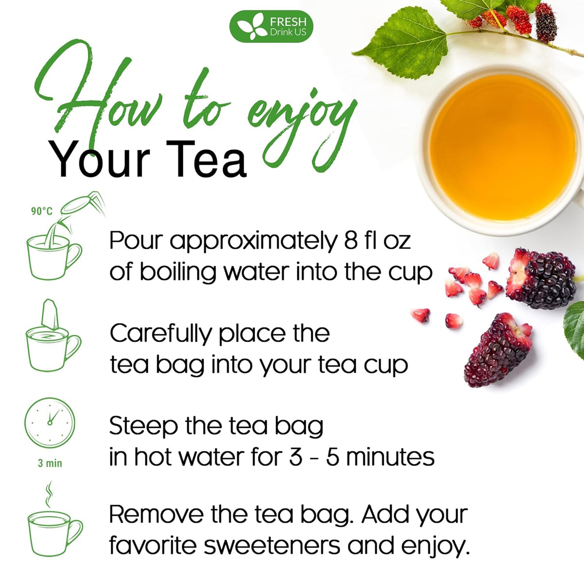 Premium Mulberry Leaf Tea Bags. No Sugar, No Caffeine, No Gluten, Vegan.
