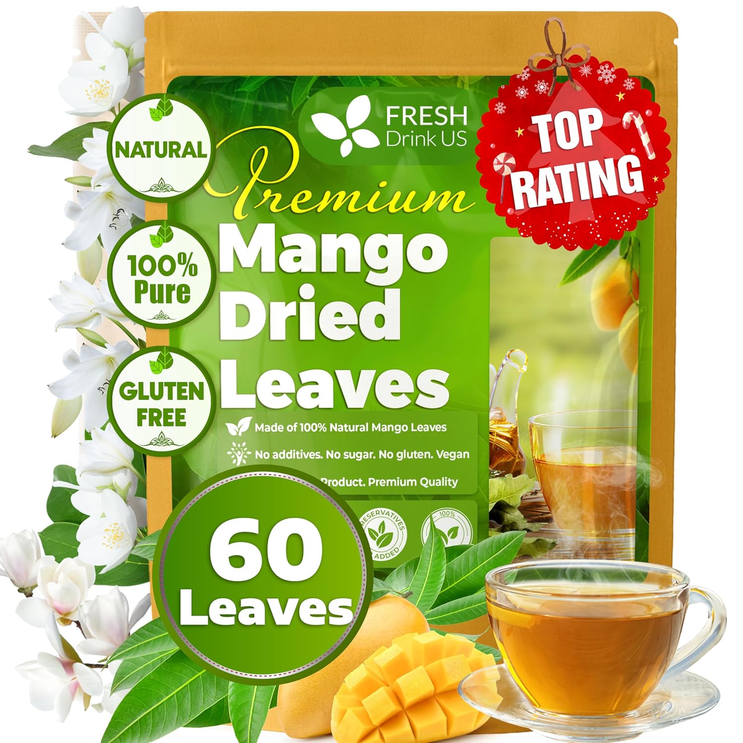 Mango Leaf, Whole Dried Leaves, Tea Bags, Powder, 100% Natural & Pure from Mango Leaves. Mango Dried Leaves. Loose Leaf Mango Herbal Tea. Mango Leaf Tea. No Sugar, No Caffeine, No Gluten, Vegan.