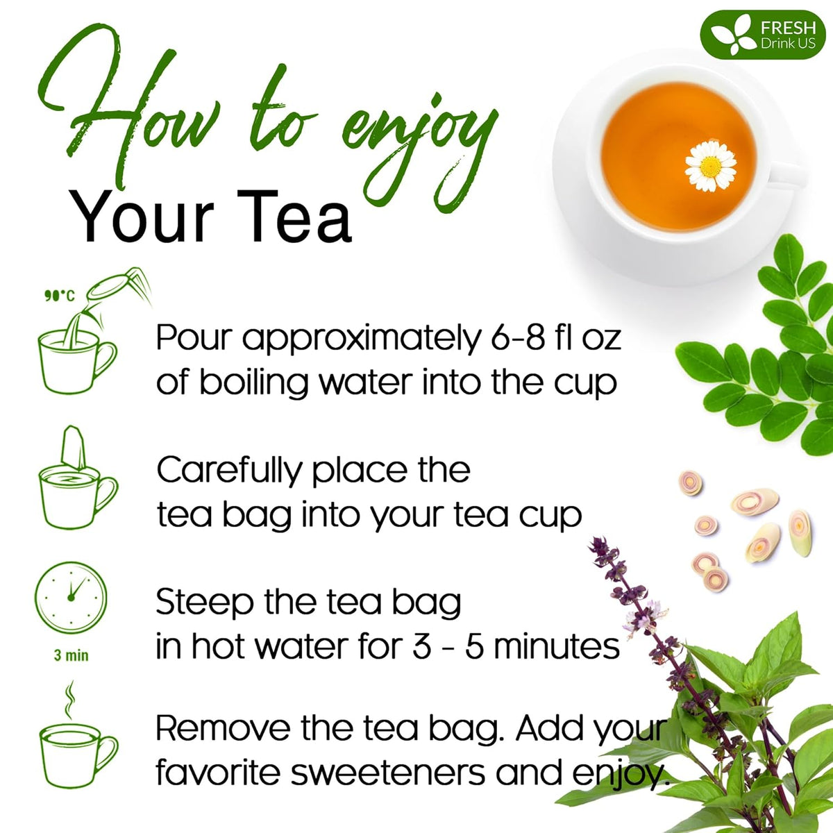 Premium Tulsi Moringa Lemongrass  Tea Bags, 100% Natural & Pure from Tulsi Holy Basil Leaves, Moringa & Lemongrass.