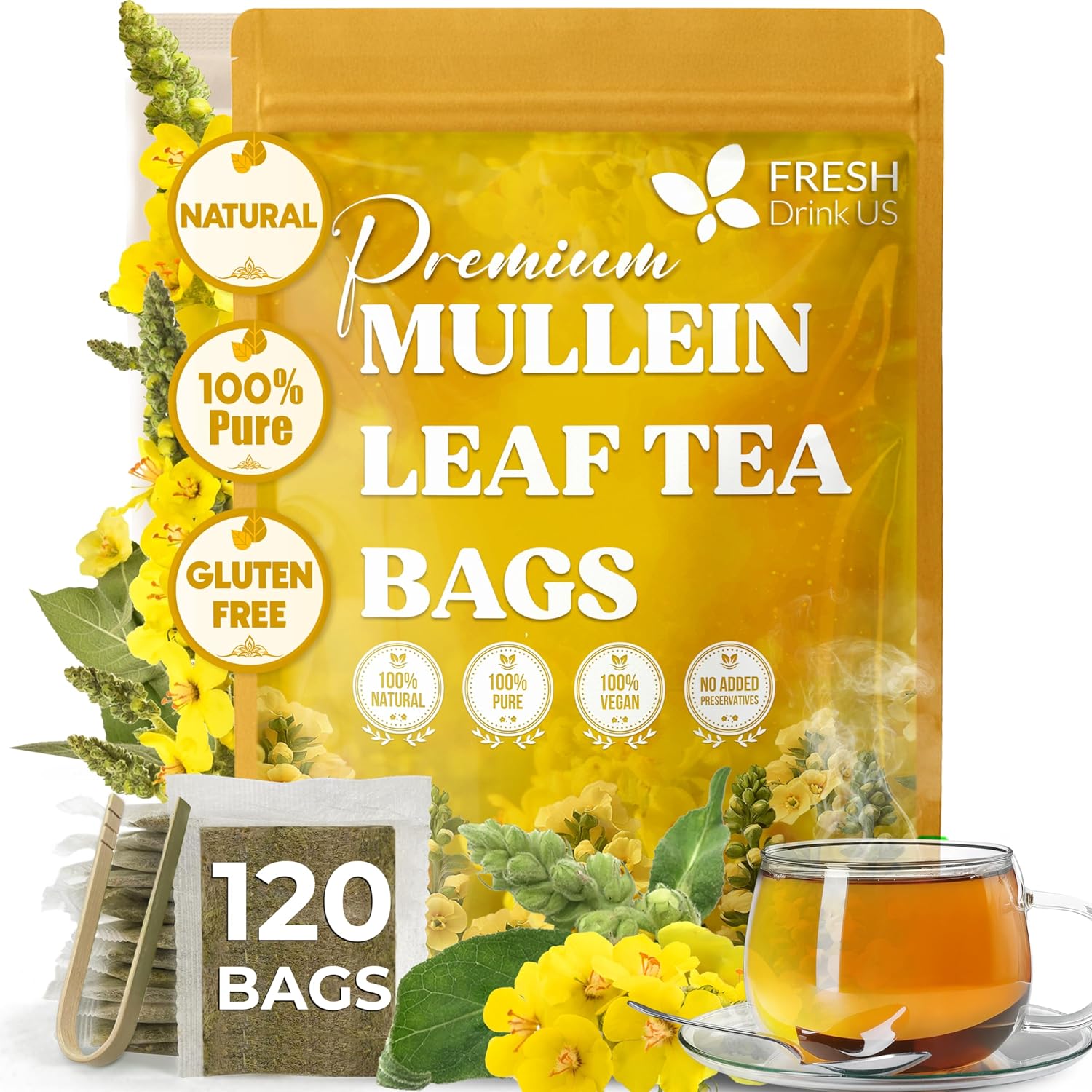 Mullein Leaf Tea Bags, 100% Natural & Pure from Mullein Leaves. Loose Leaf Mullein Herbal Tea. Made with Natural Material Tea Bags. No Sugar, No Caffeine, No Gluten, Vegan.