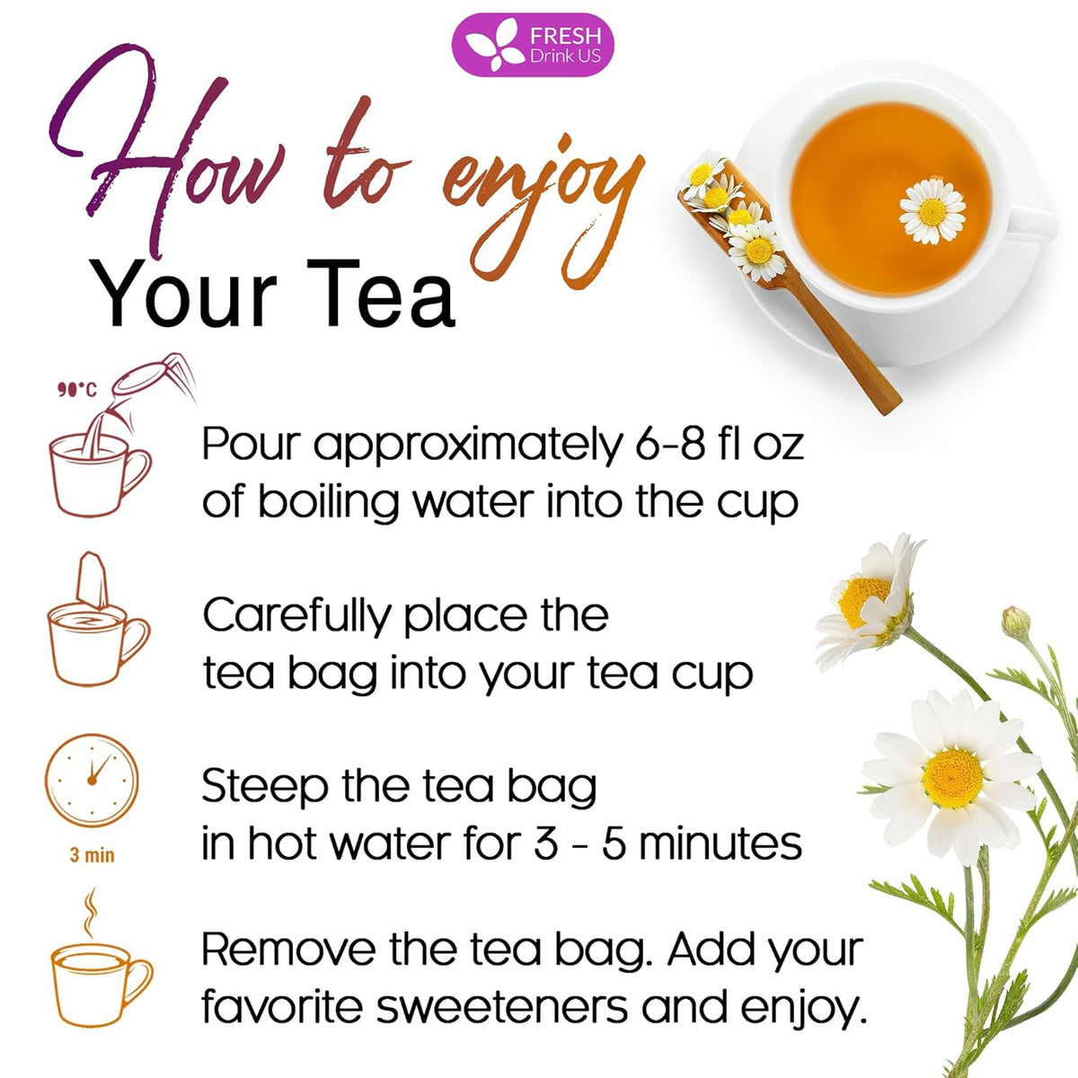 Premium Chamomile Lavender Tea Bags, Eco-conscious Tea Bags. No Sugar, No Caffeine, No Gluten, Vegan.