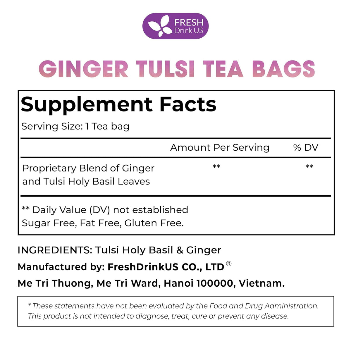 Premium Ginger Tulsi Tea Bags | Hand-made Blend of Ginger and Tulsi Holy Basil Leaves