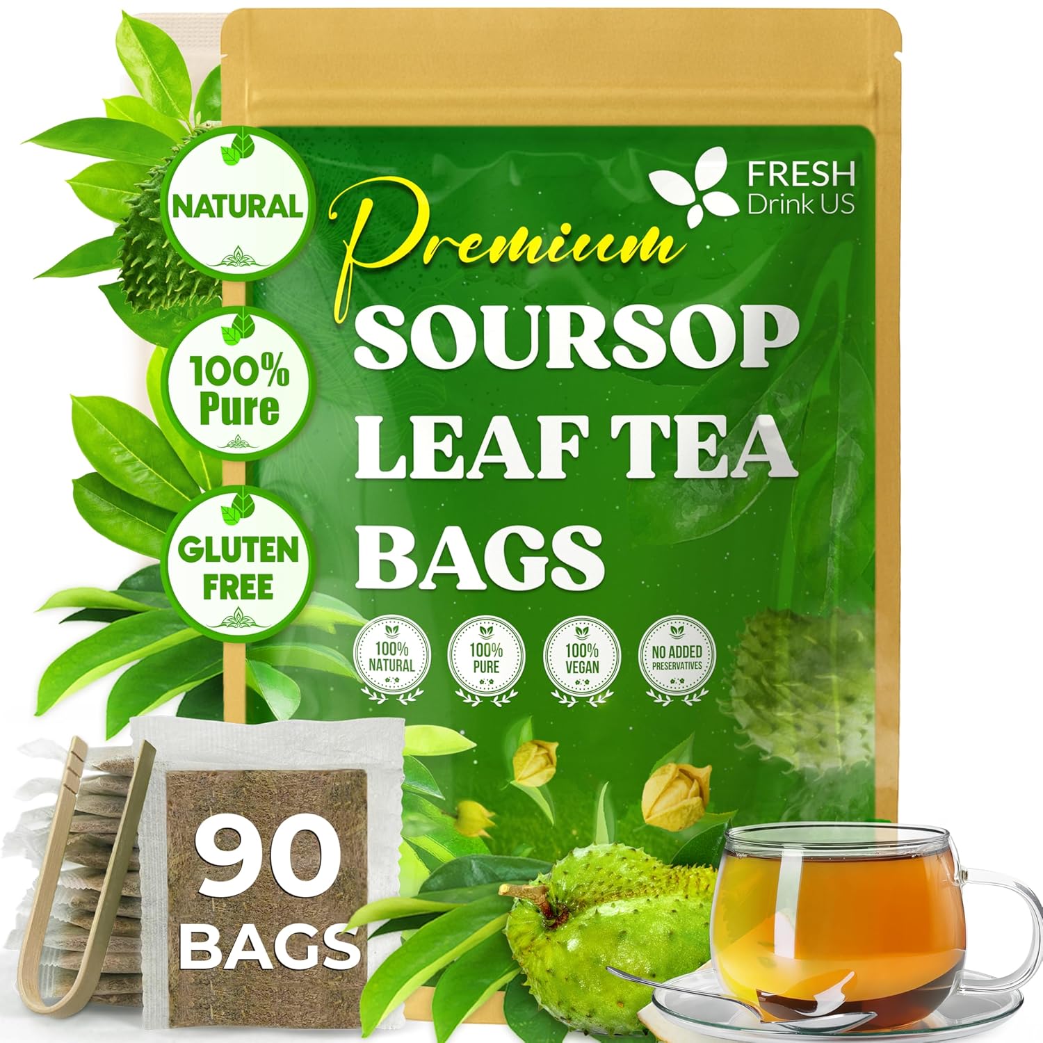 40 Premium Soursop Graviola Leaf Tea Bags, 100% Natural and Pure from Soursop Leaves, Handmade, Made With Natural Materials-Corn Fiber Tea Bag, Sugar/Caffeine/Gluten Free, Hoja Guanabana Tea
