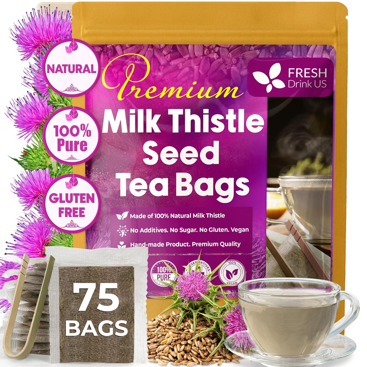 Premium Milk Thistle Tea Bags, 100% Natural & Pure from Milk Thistle Seeds. Milk Thistle Seed Herbal Tea. Milk Thistle Seed Tea. Made with Natural Material Tea Bags. No Sugar, No Caffeine, No Gluten, Vegan.