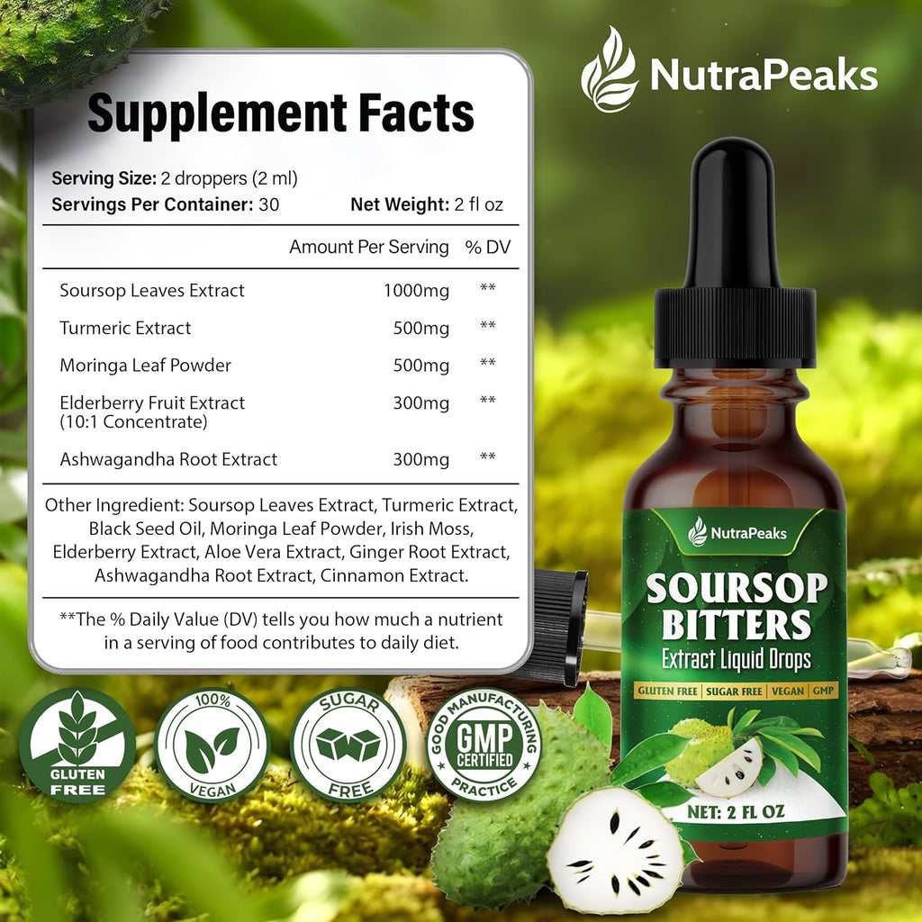 Soursop Bitters Liquid Drops – Premium Herbal Blend with Soursop Leaves, Black Seed, Moringa, Ashwagandha, Senna, Goat Weed & Ginger, 2 fl oz