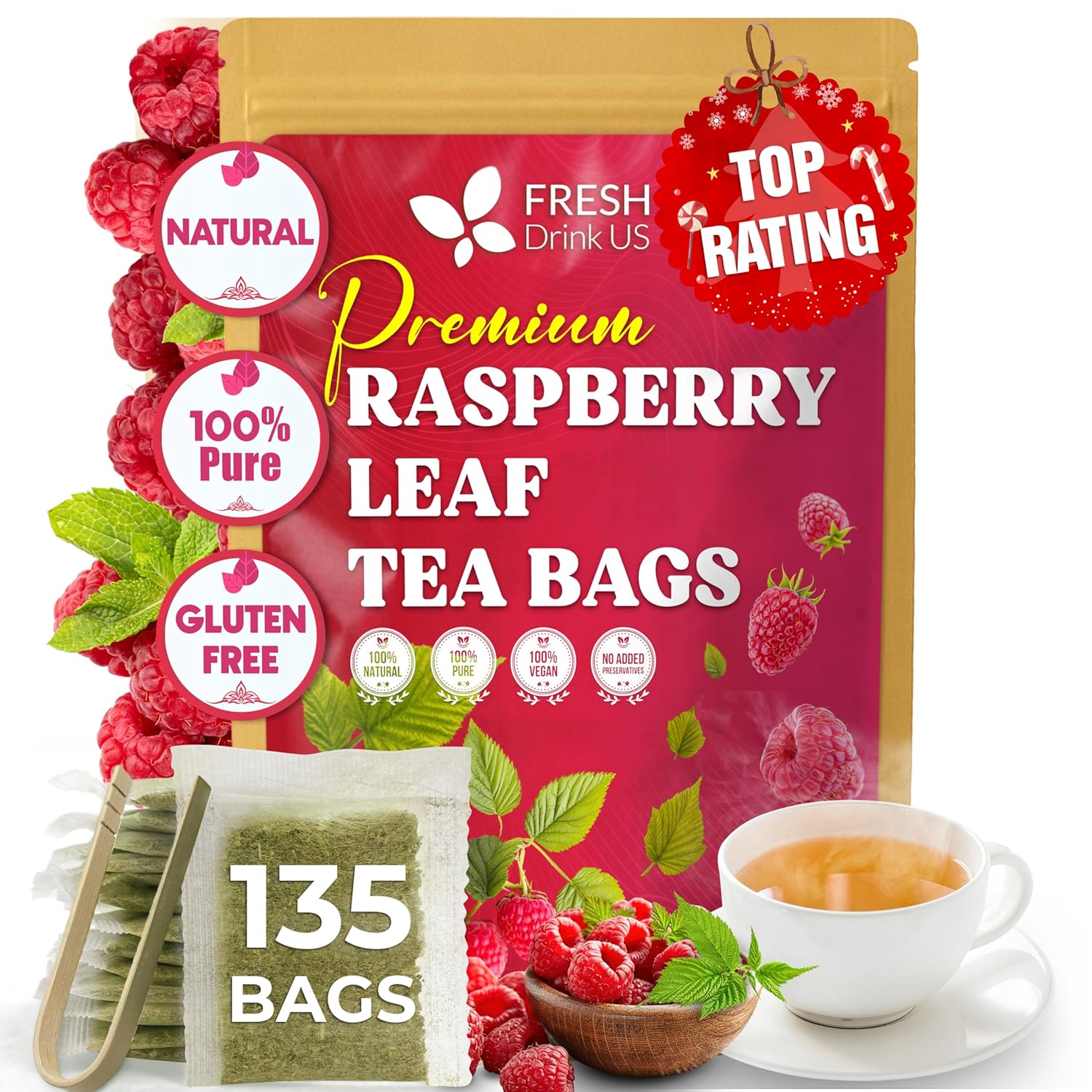 Raspberry Leaf Tea Bags, 100% Natural & Pure from Raspberry Leaves. Loose Leaf Raspberry Herbal Tea, Made with Natural Material Tea Bags, Raspberry Leaf Tea. No Sugar, No Caffeine, No Gluten, Vegan.