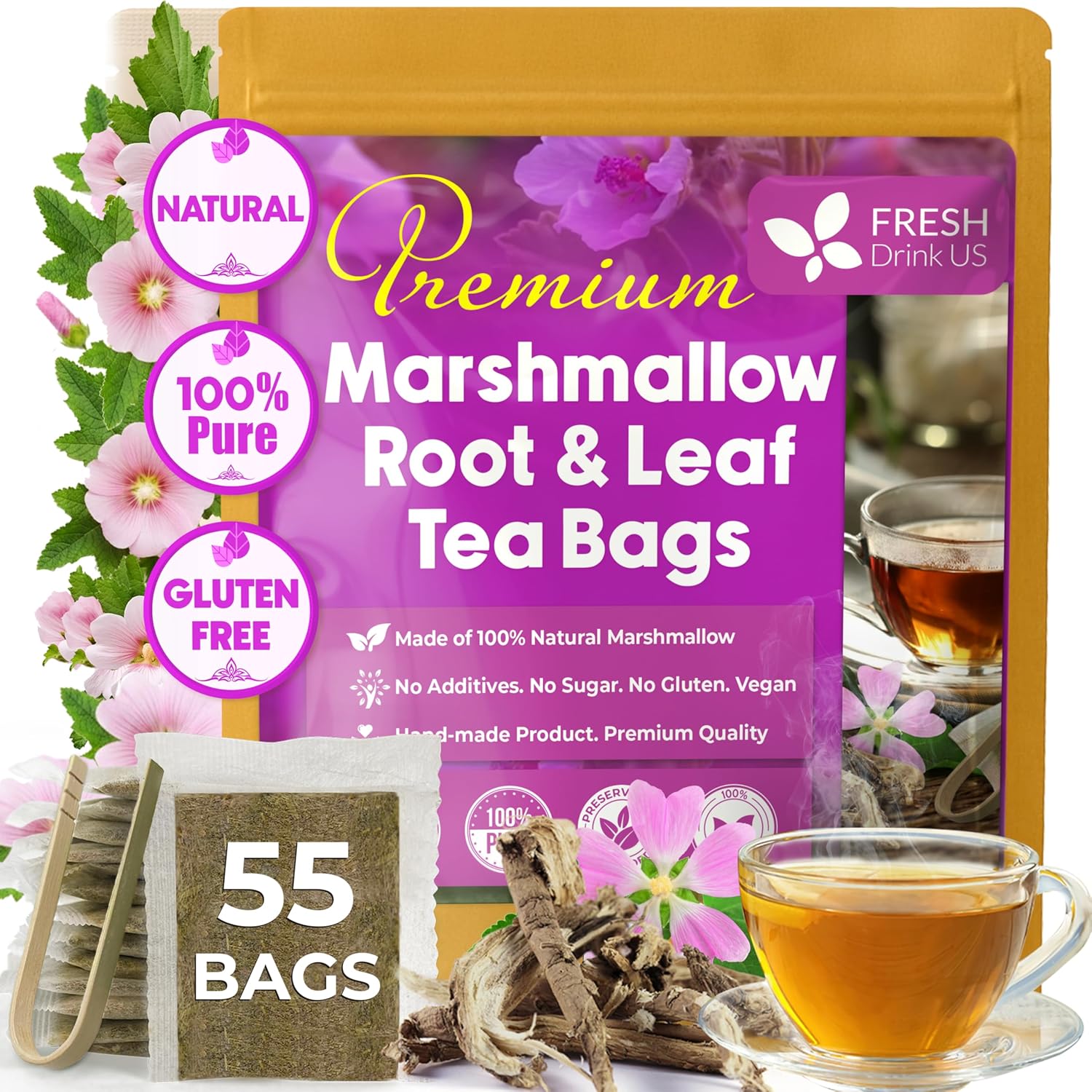 Premium Marshmallow Root and Leaf Tea Bags, 100% Natural & Pure.