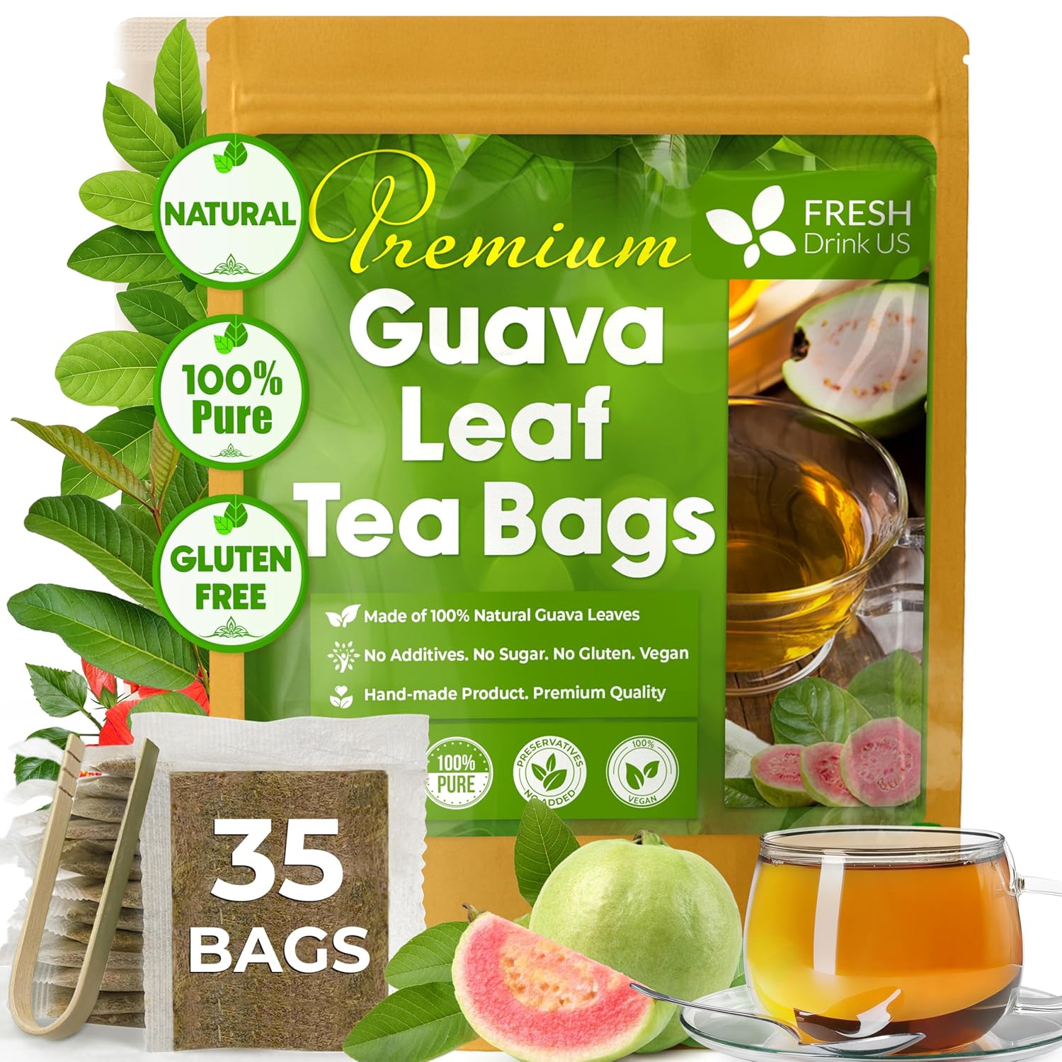 Natural Guava Leaves, Whole Dried Leaves, Cut-and-Sifted Guava leaves, 100% Pure from Guava Leaves, Natural Guava Loose Leaf Herbal Tea, No Additives, No Caffeine, Vegan