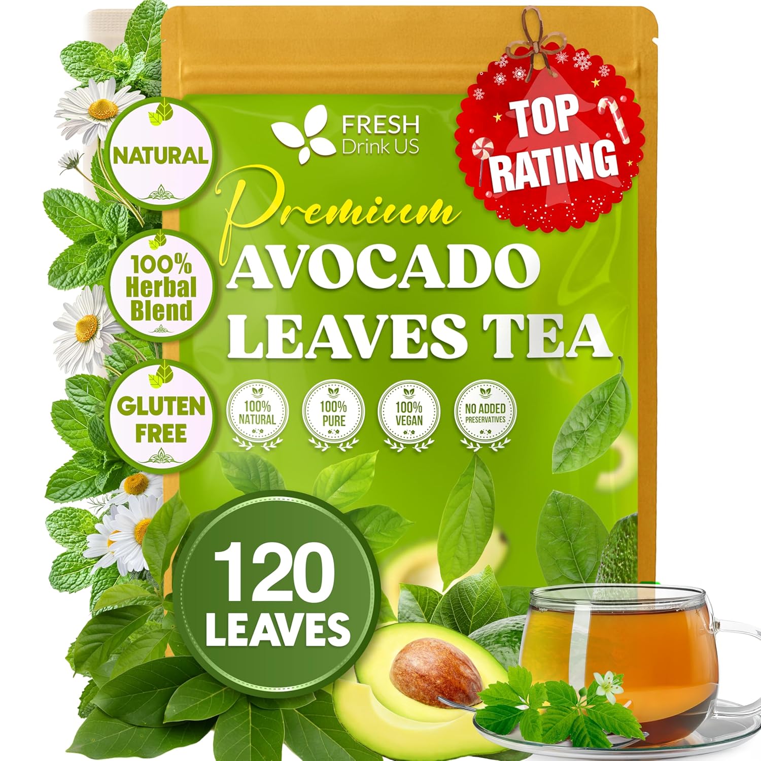 Natural Avocado Whole Leaves Dried, Tea Bags, 100% Pure from Avocado Leaves, Avocado Leaf Tea, Hojas de Aguacate Seca, No Additives, No Caffeine, Vegan