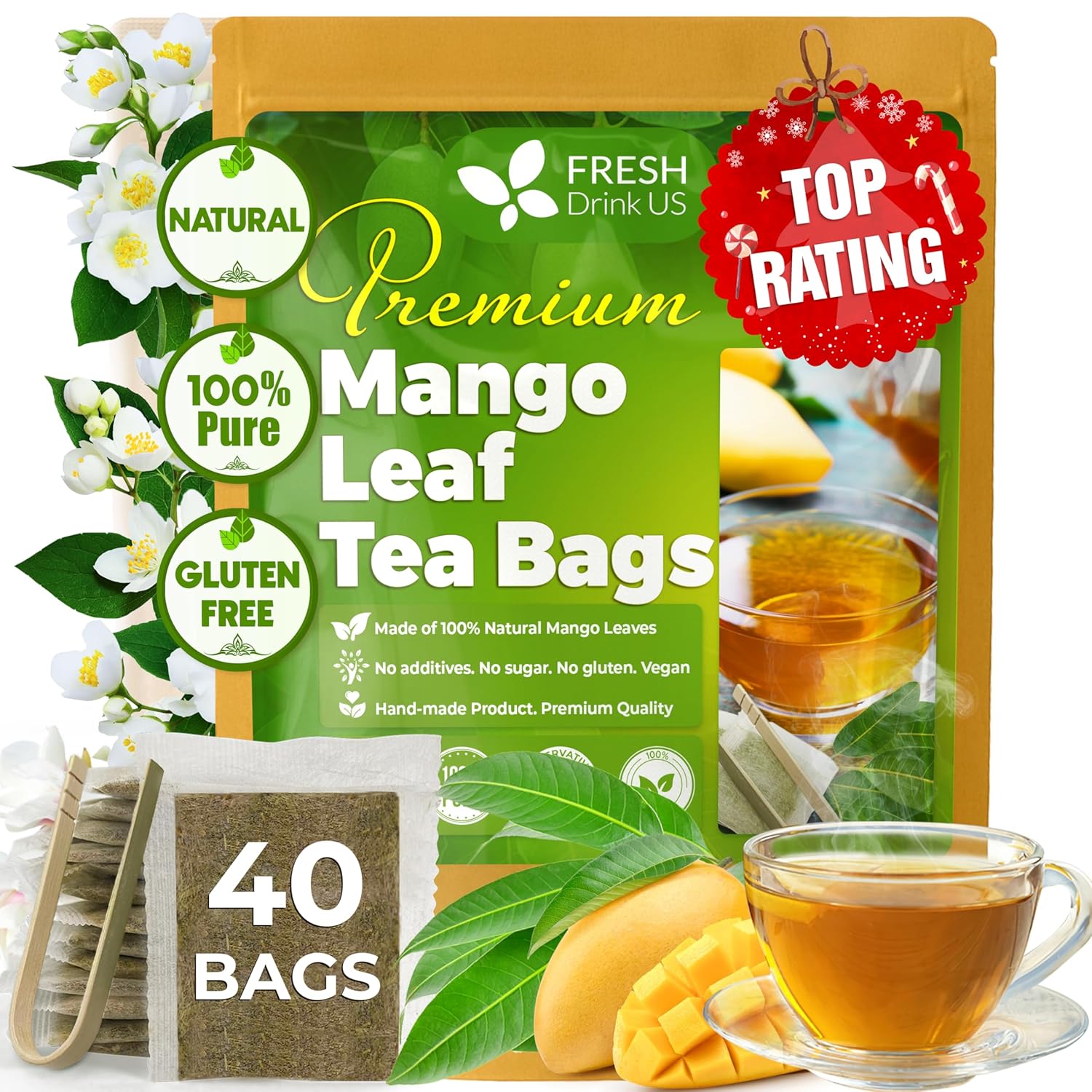 Mango Leaf, Whole Dried Leaves, Tea Bags, Powder, 100% Natural & Pure from Mango Leaves. Mango Dried Leaves. Loose Leaf Mango Herbal Tea. Mango Leaf Tea. No Sugar, No Caffeine, No Gluten, Vegan.