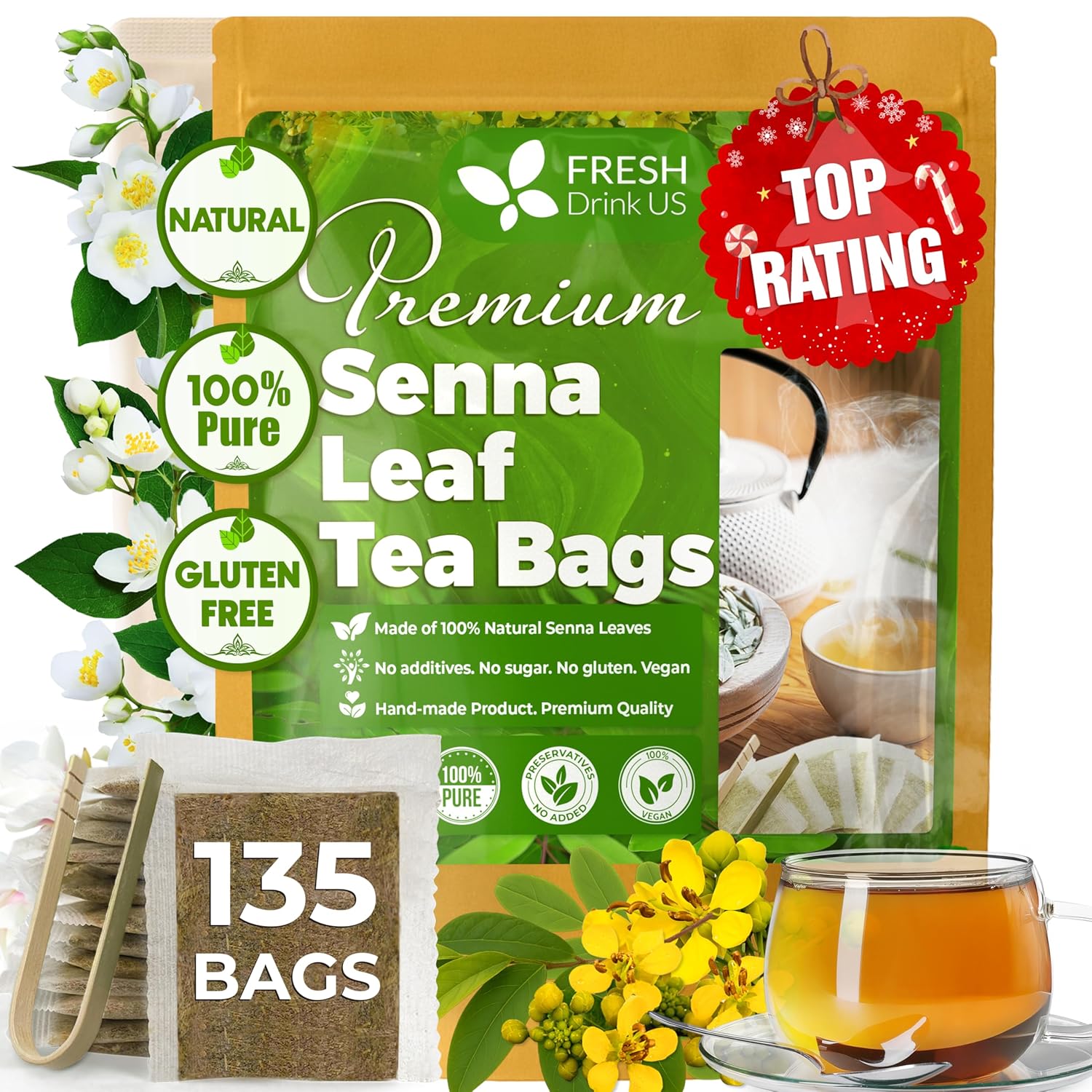 Premium Senna Leaf Tea Bags, 100% Natural & Pure from Senna Leaves. Loose Leaf Senna Herbal Tea, Made with Natural Material Tea Bags, Senna Leaf Tea. No Sugar, No Caffeine, No Gluten, Vegan.