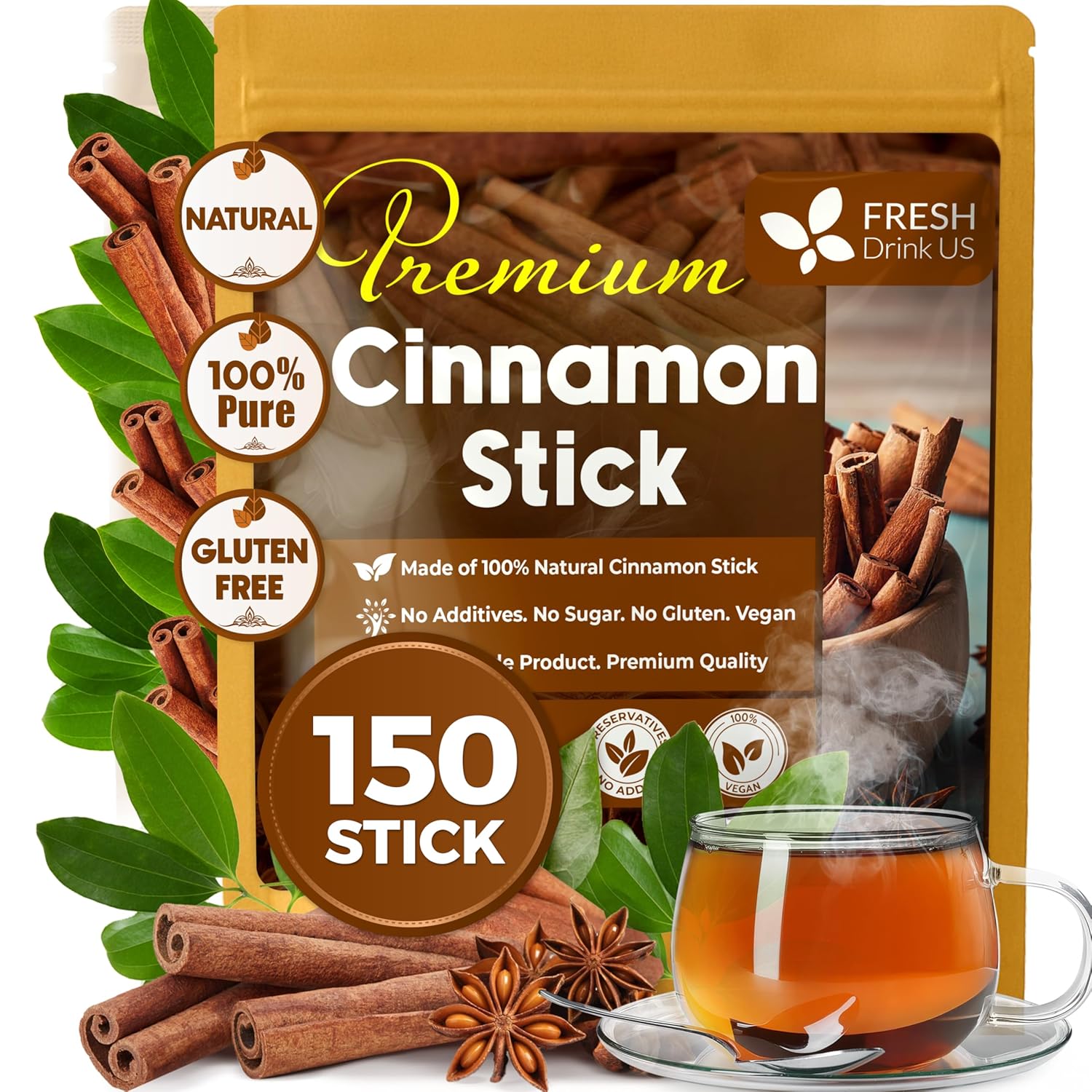 Cinnamon Sticks, Whole Sticks, 100% Natural & Pure Cinnamon Inner Bark, Raw Cinnamon Spice Flavor & Strong Aroma, Cinnamon Spice Herbal Tea, Perfect for Warm Beverages, No Additives, Vegan