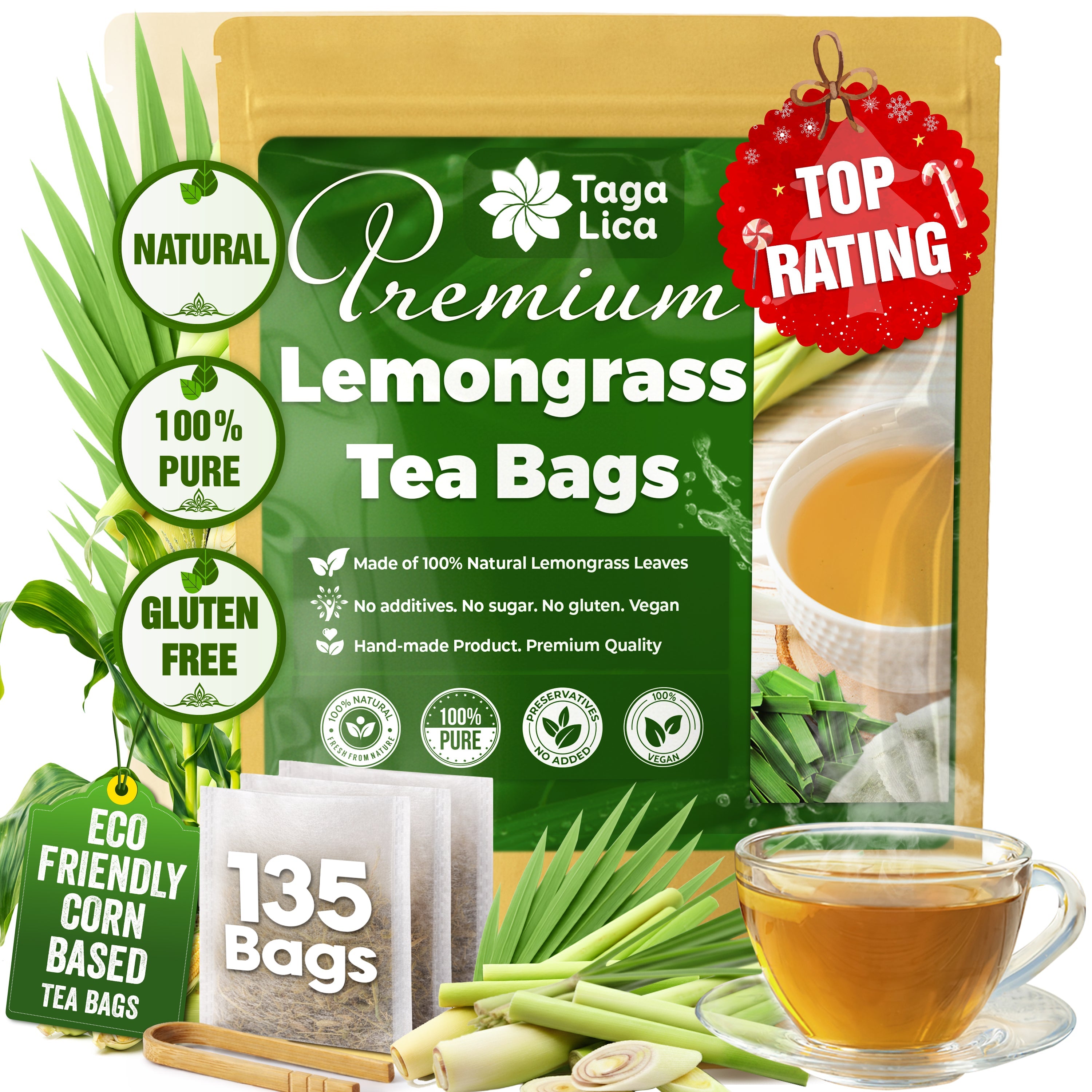 Lemongrass Tea Bags, 100% Natural & Pure Lemongrass leaves, Eco-Conscious Tea Bags, Lemongrass Herbal Tea. Lemongrass Leaf Tea. No Sugar, No Caffeine, No Gluten, Vegan.