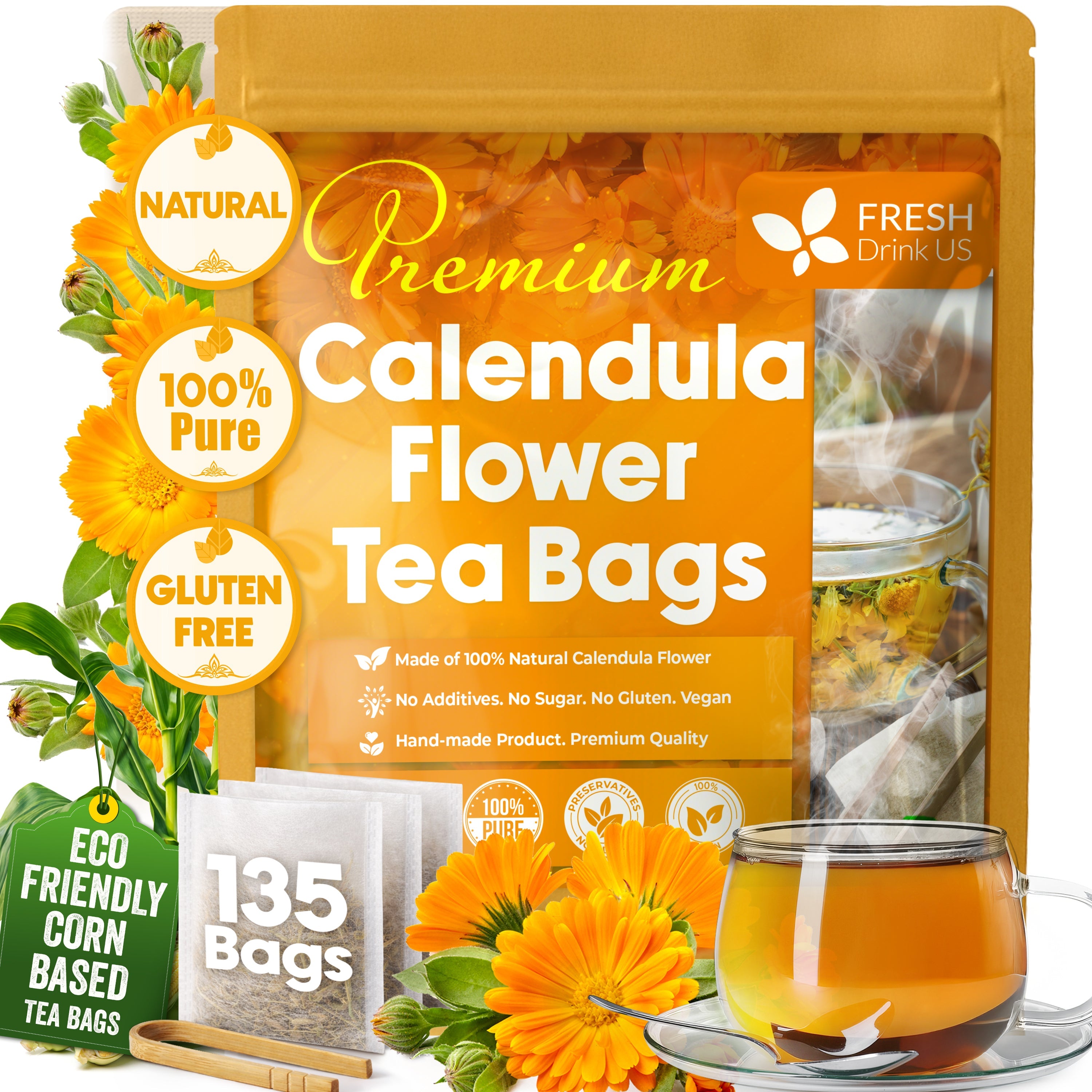Calendula Tea Bags, 100% Natural and Pure Calendula Flowers, Eco-conscious Tea Bags. Calendula Flower Herbal Tea. No Sugar, No Caffeine, No Gluten, Vegan.
