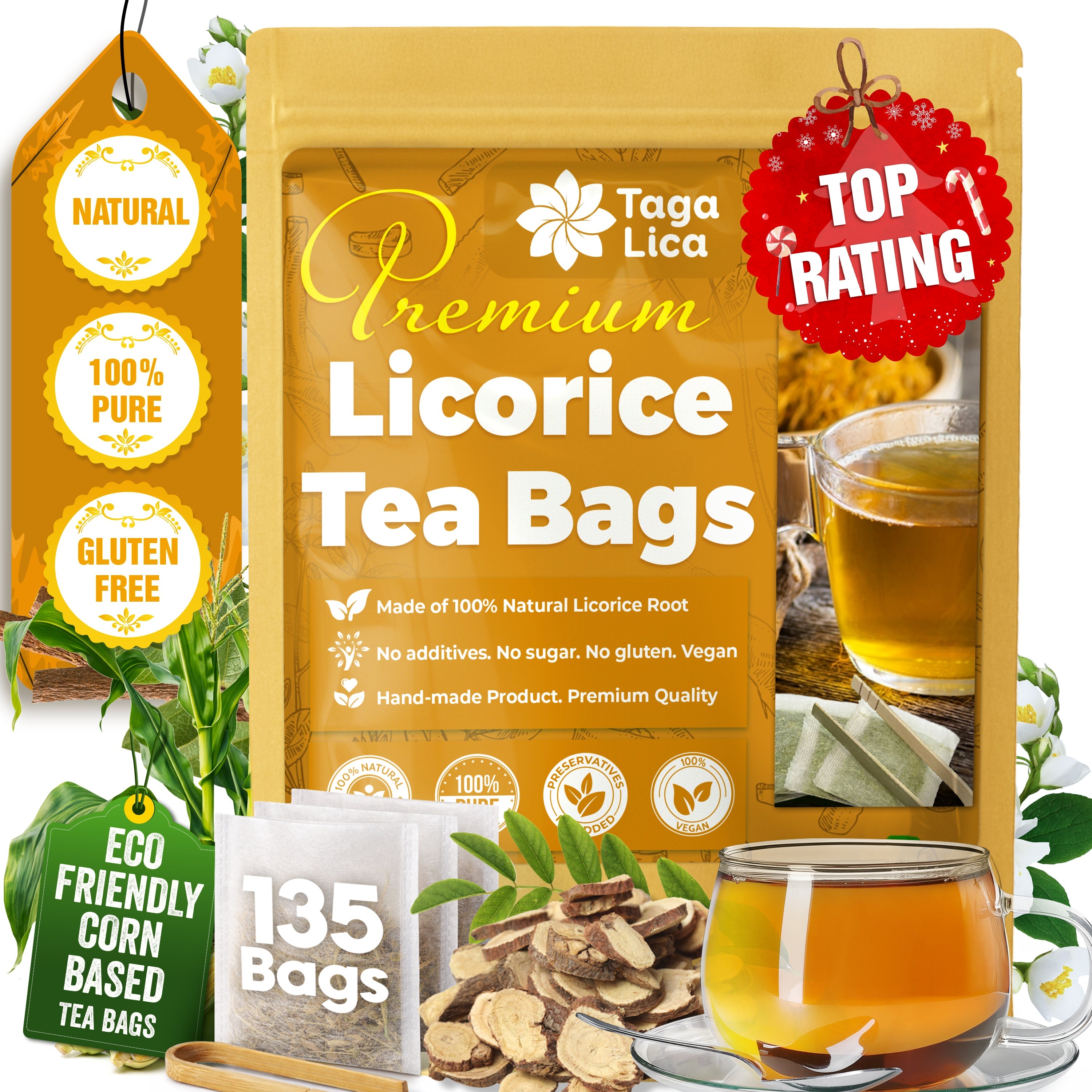 Premium Licorice Root Tea Bags, 100% Natural, Pure Licorice Root, Eco-Conscious Tea Bags, Licorice Root Herbal Tea, Licorice Root Tea. No Sugar, No Caffeine, No Gluten, Vegan