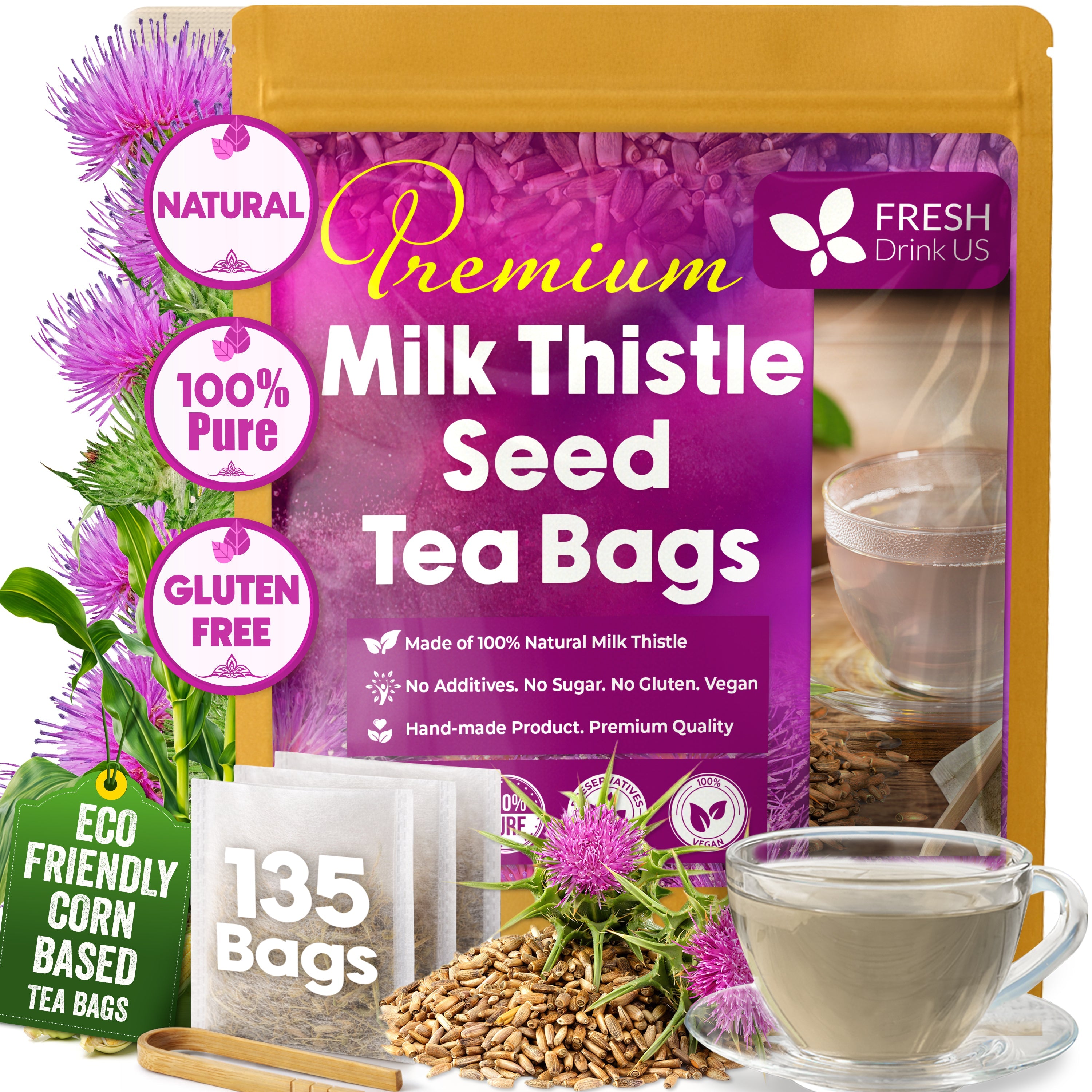 Premium Milk Thistle Tea Bags, 100% Natural & Pure from Milk Thistle Seeds. Milk Thistle Seed Herbal Tea. Milk Thistle Seed Tea. Made with Natural Material Tea Bags. No Sugar, No Caffeine, No Gluten, Vegan.