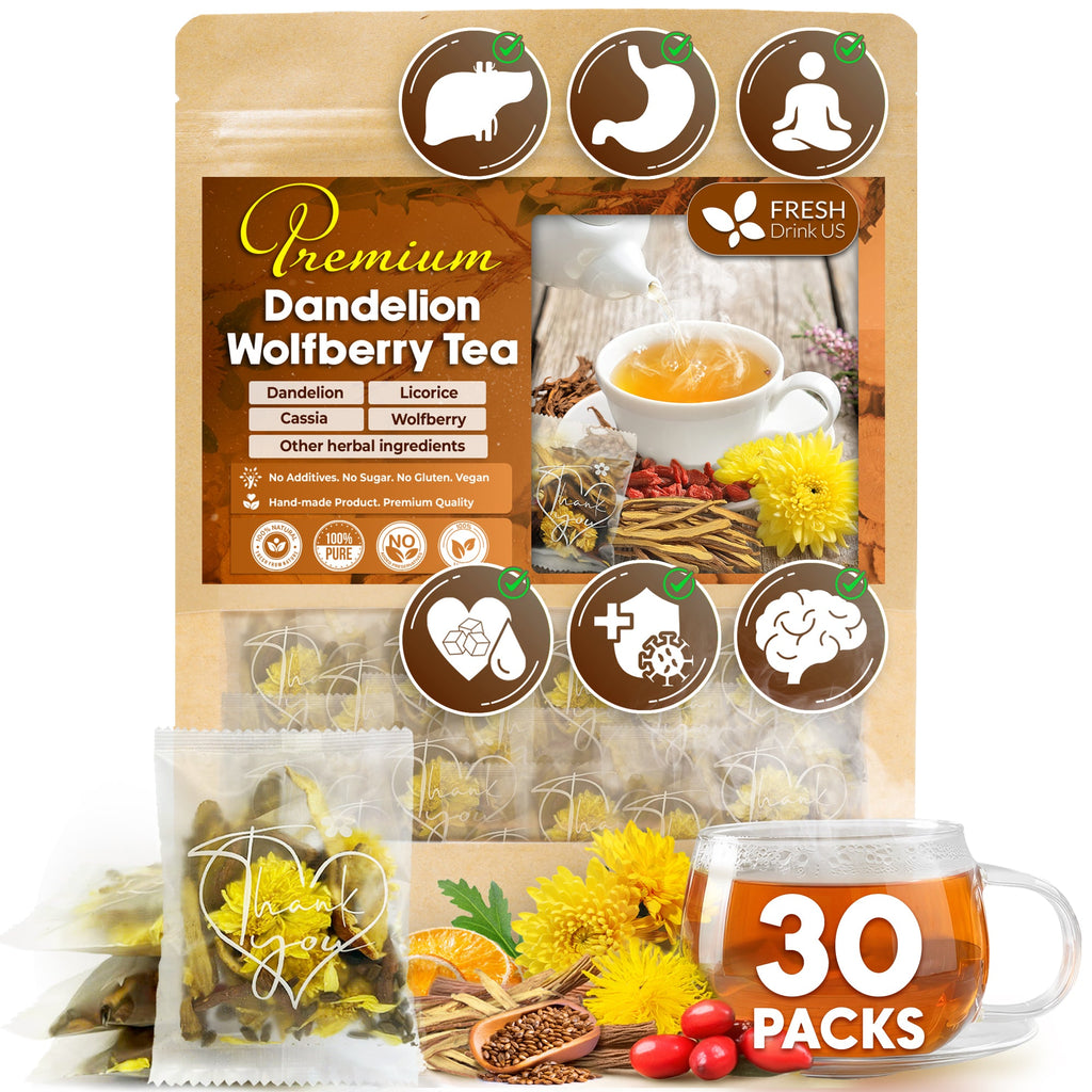 Dandelion Wolfberry Tea - a Natural Blend of Six Herbal Ingredients, Dandelion, Licorice, Cassia, Wolfberry Supports Kidneys & Liver Health (PCOS, Pregnancy, Fibroids, PMS, Menstrual Cycle, Mood), Hormone Balance Tea Beverage