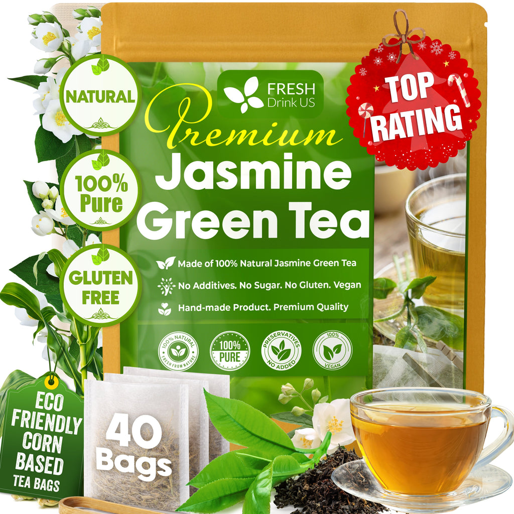 Premium Jasmine Green Tea Bags. Jasmine Green Herbal Tea. Made with Natural Material Tea Bags. No Sugar, No Gluten, Vegan.