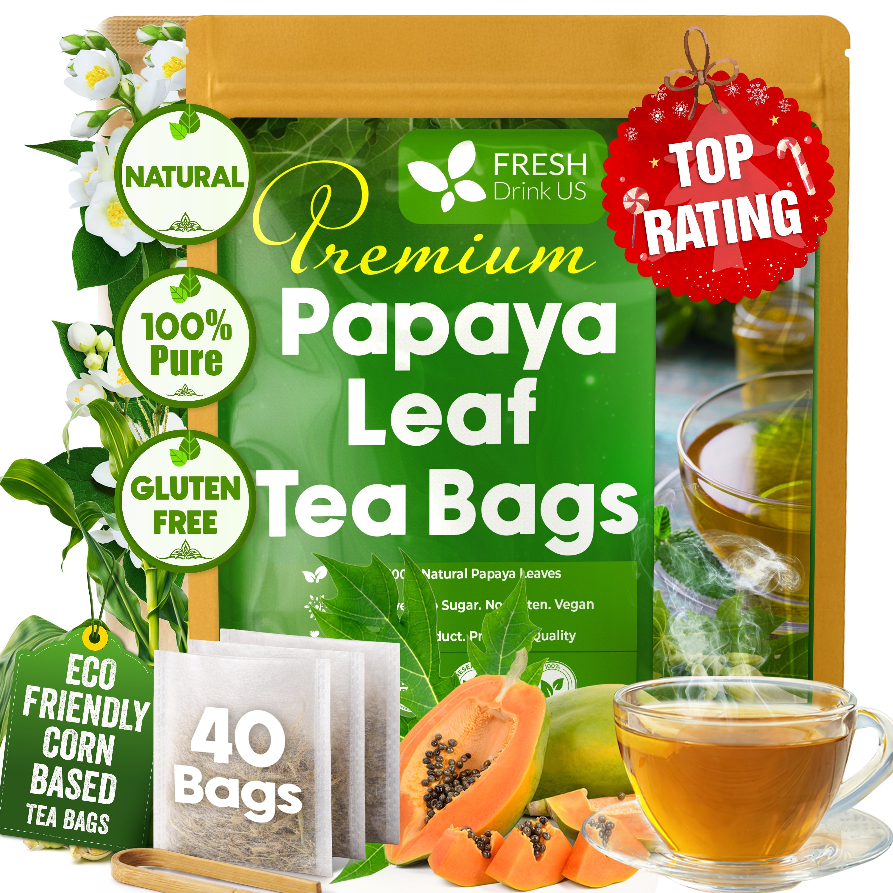 Premium Papaya Leaf Tea Bags, Made with Natural Material Tea Bags. No Sugar, No Caffeine, No Gluten, Vegan.