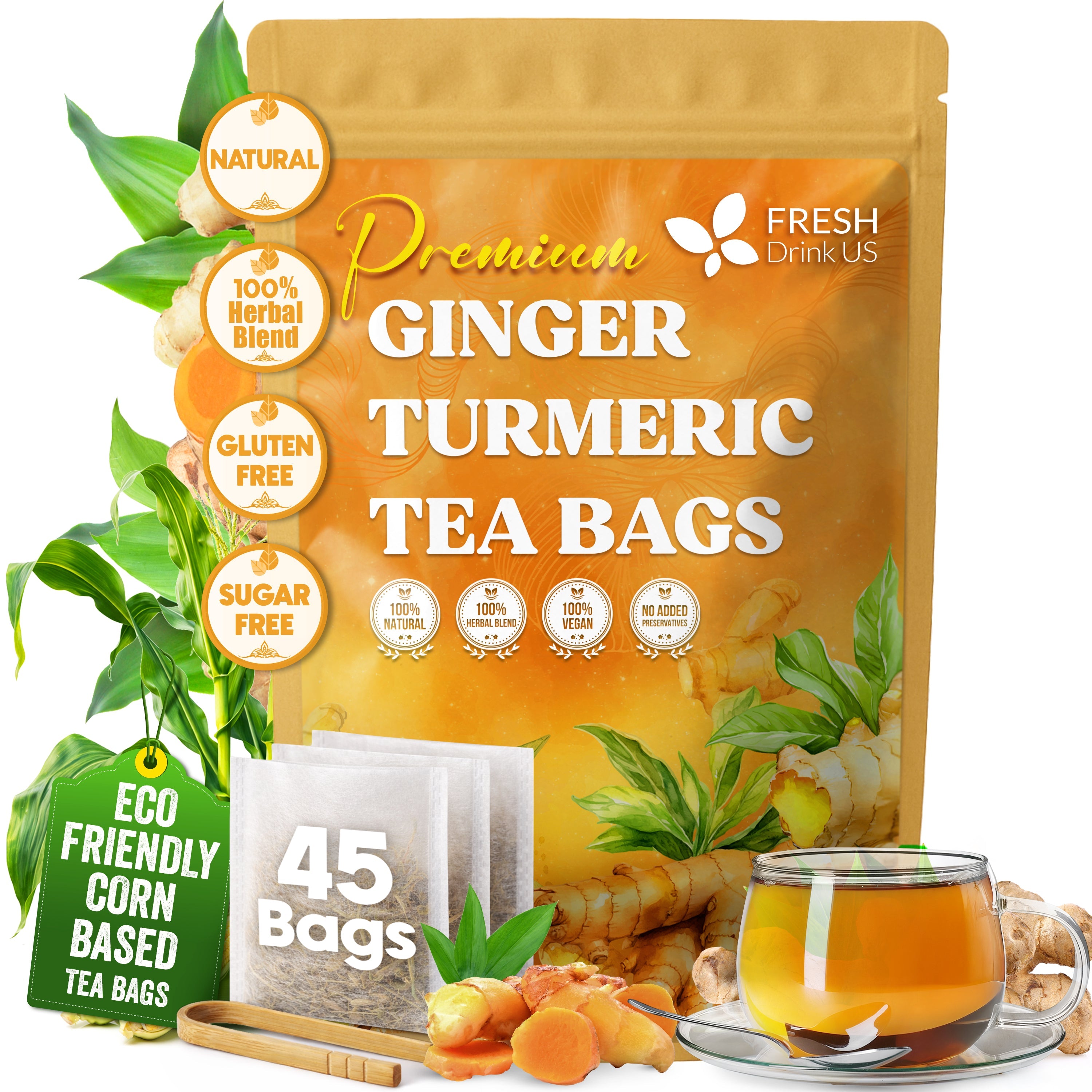 Premium Ginger Turmeric Tea Bags, Hand-made Blend of Ginger and Turmeric Herbal Tea, Eco-conscious Tea Bags. No Sugar, No Caffeine, No Gluten, Vegan.