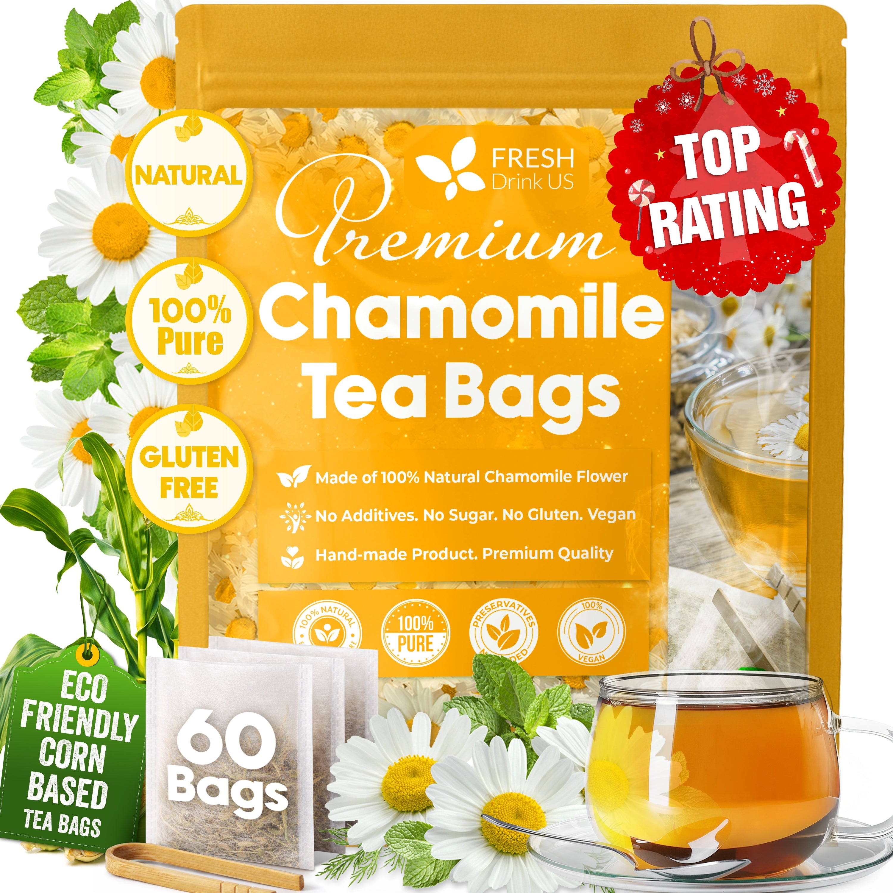 Chamomile Tea Bags, 100% Natural Chamomile, Freshly Picked, Naturally Dried Chamomile, Hand-made, Biodegradable Tea Bag