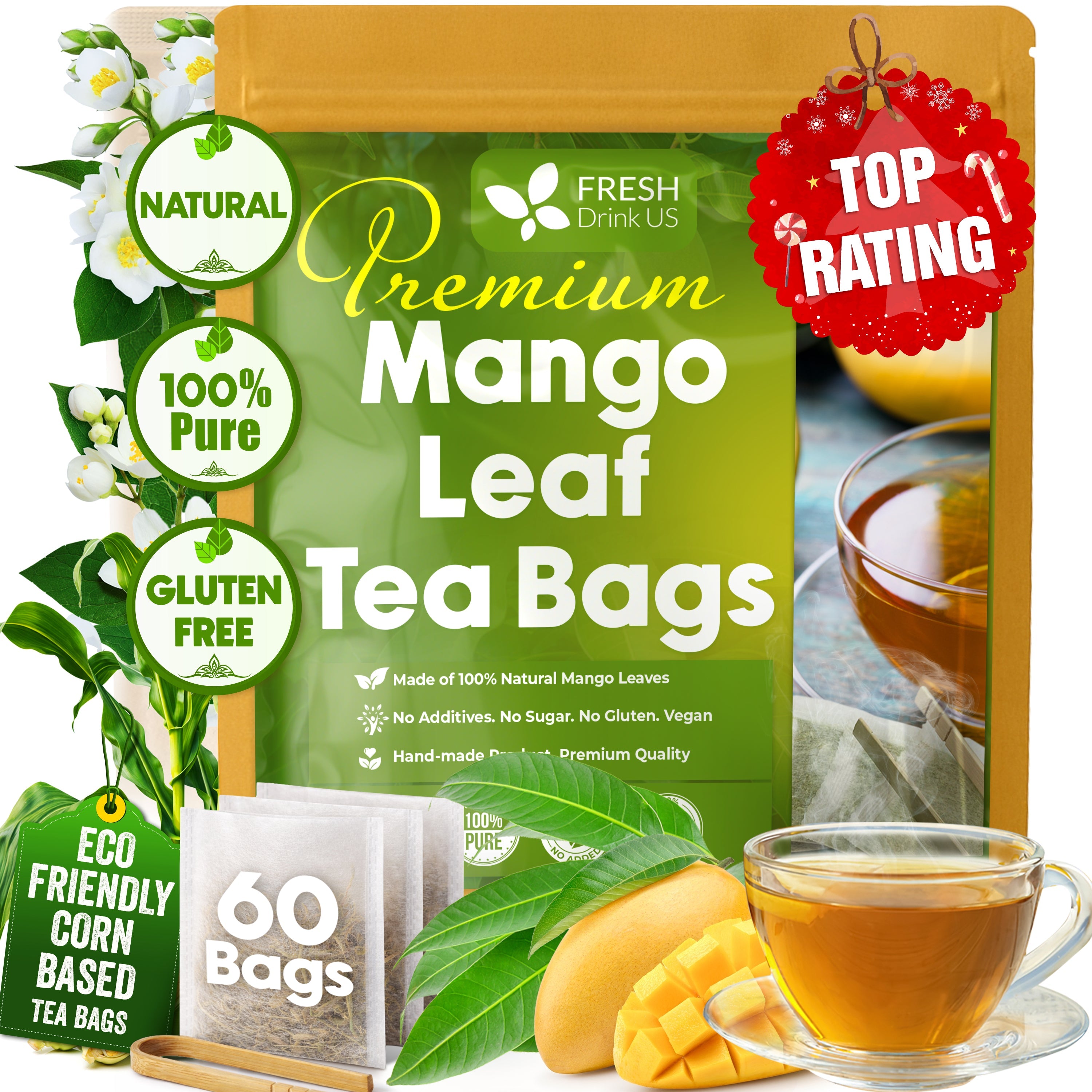 Mango Leaf, Whole Dried Leaves, Tea Bags, Powder, 100% Natural & Pure from Mango Leaves. Mango Dried Leaves. Loose Leaf Mango Herbal Tea. Mango Leaf Tea. No Sugar, No Caffeine, No Gluten, Vegan.